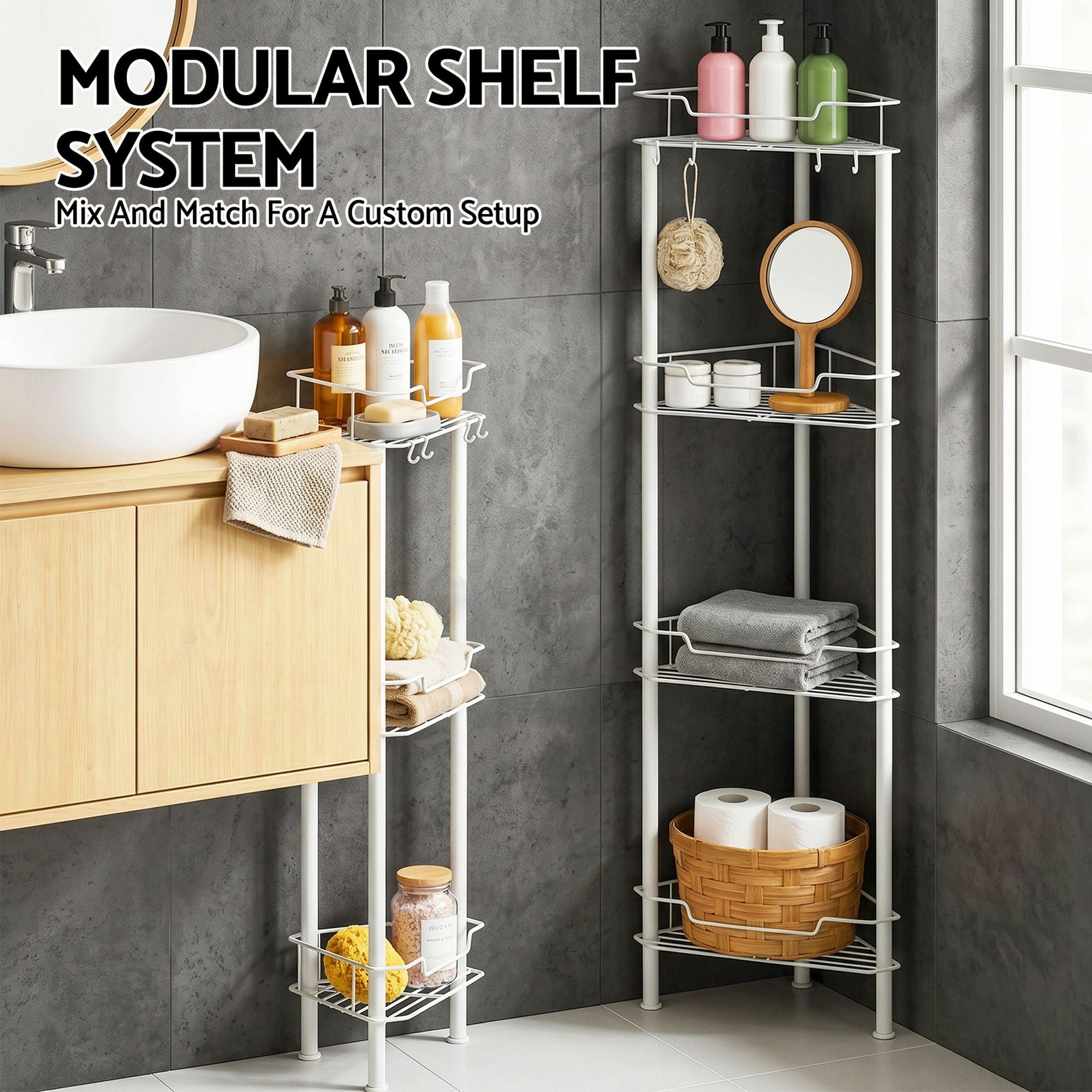 4 Tier Floor Standing Corner Shower Caddy Bathroom Organiser - White