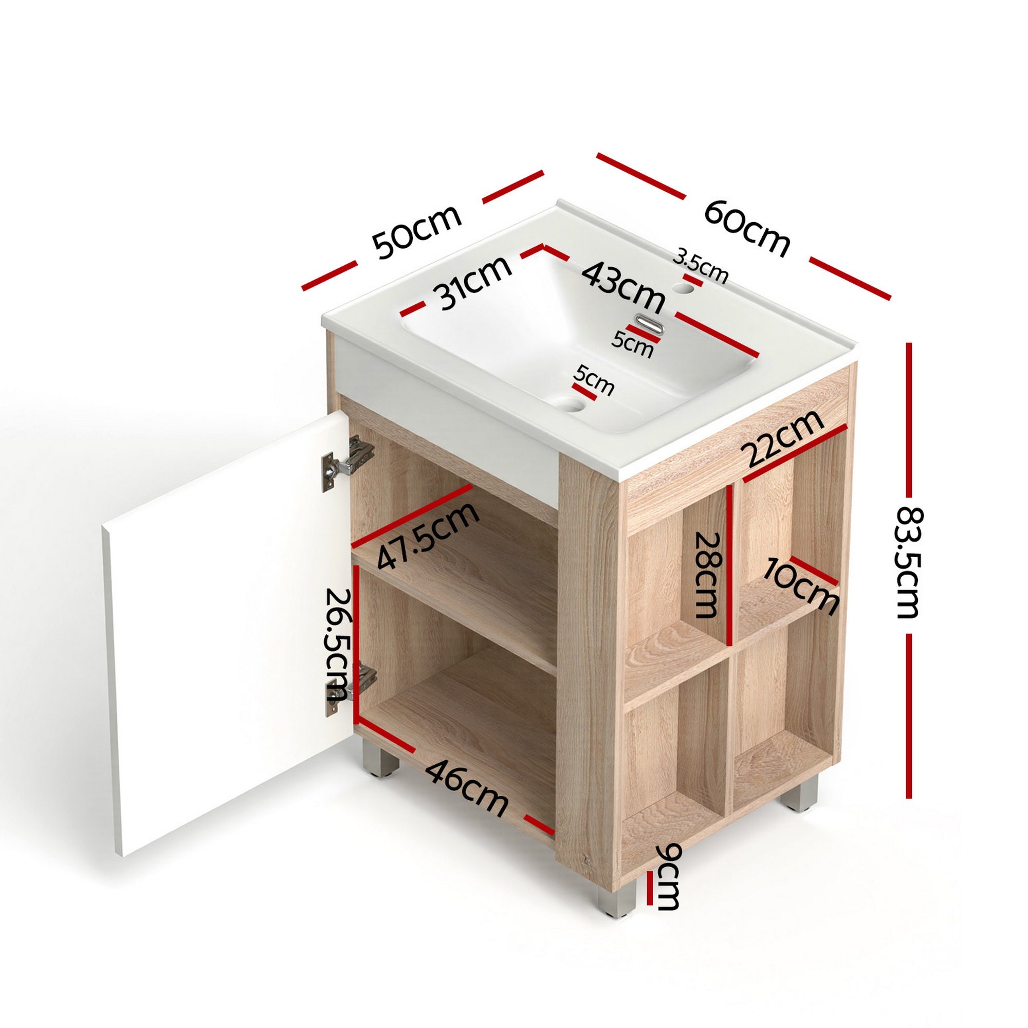 Vanity Unit 835mm Freestanding Basin Bathroom Cabinet with Side Storage - White Pine