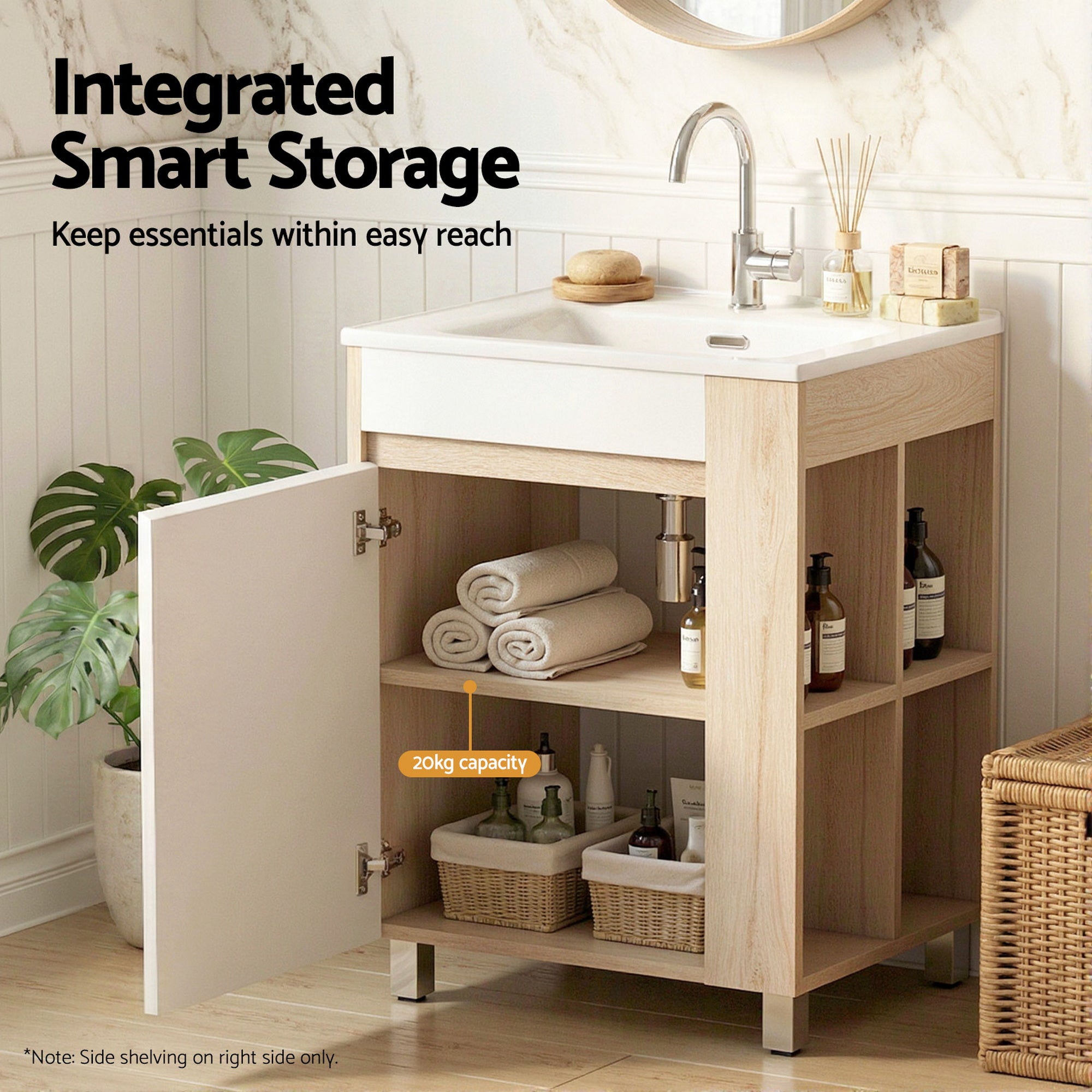 Vanity Unit 835mm Freestanding Basin Bathroom Cabinet with Side Storage - White Pine