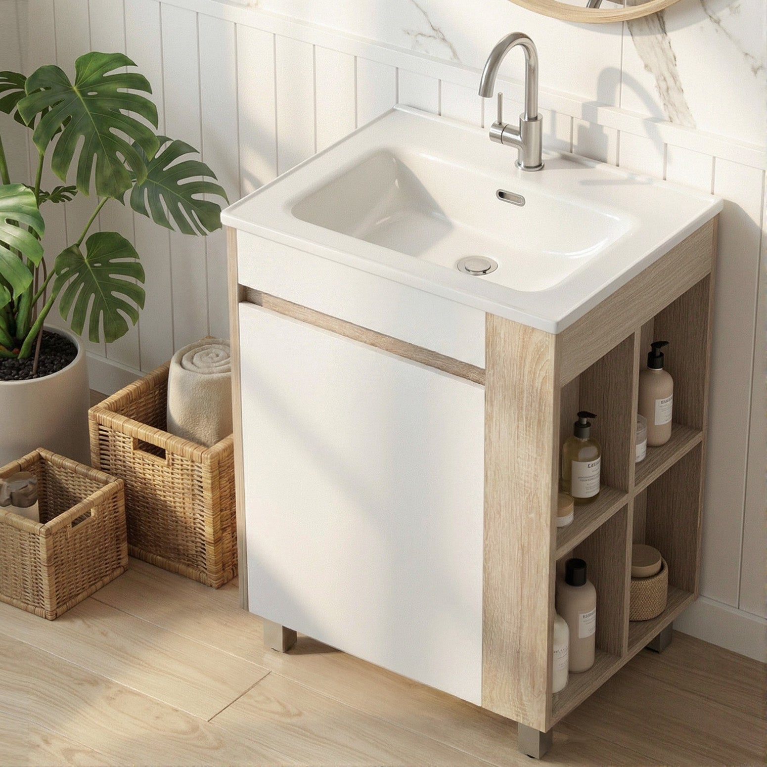 Vanity Unit 835mm Freestanding Basin Bathroom Cabinet with Side Storage - White Pine