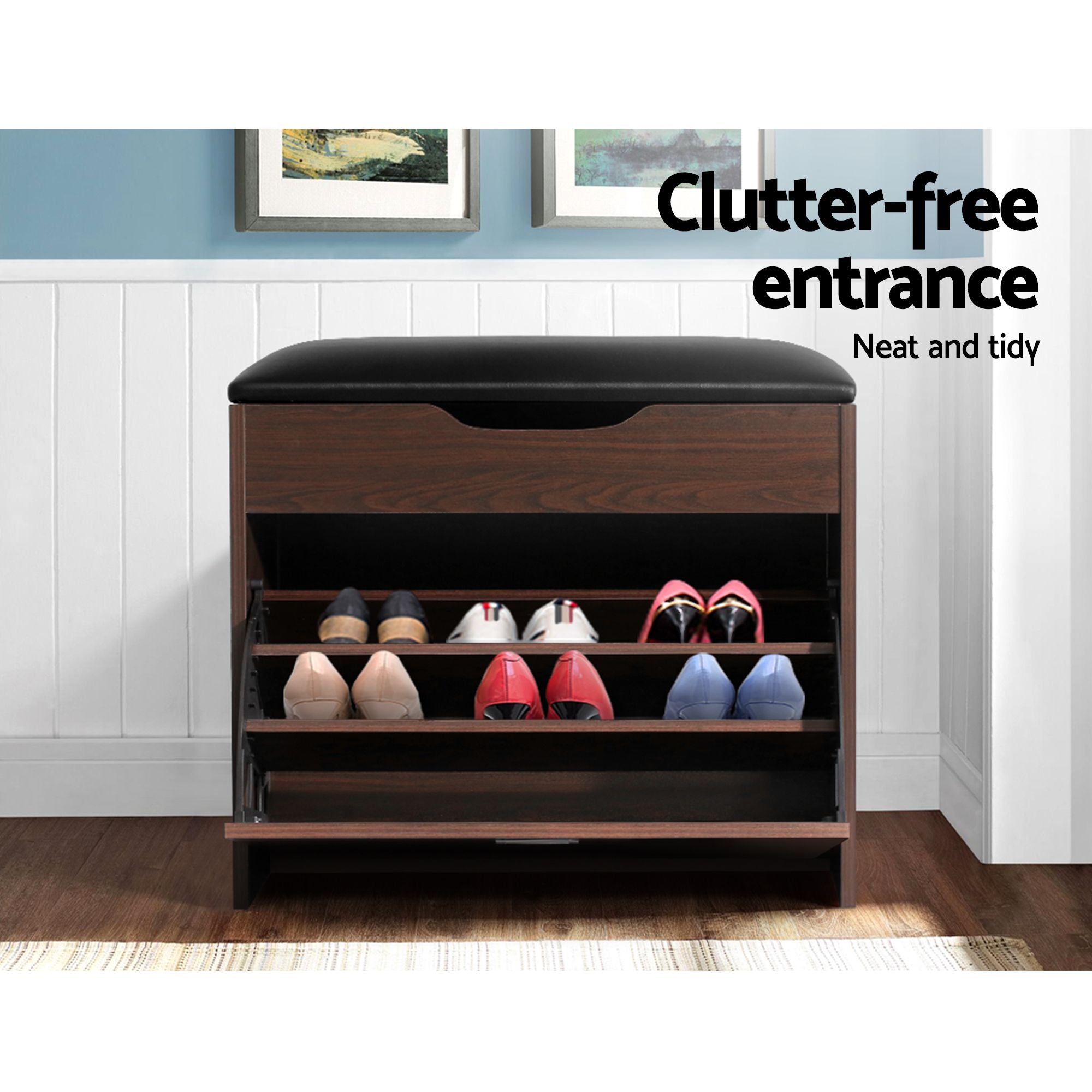 2x Shoe Bench Set Flip Drawer Walnut