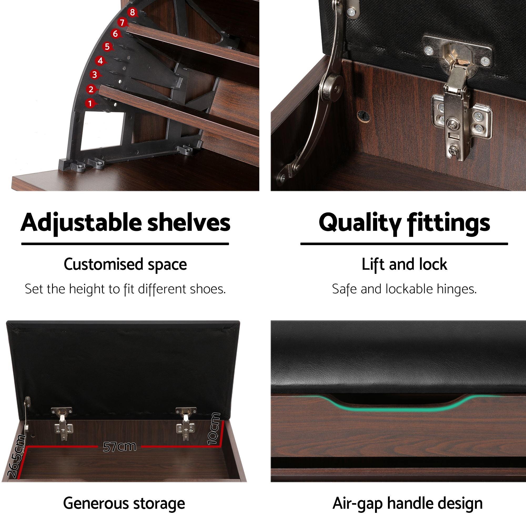 2x Shoe Bench Set Flip Drawer Walnut