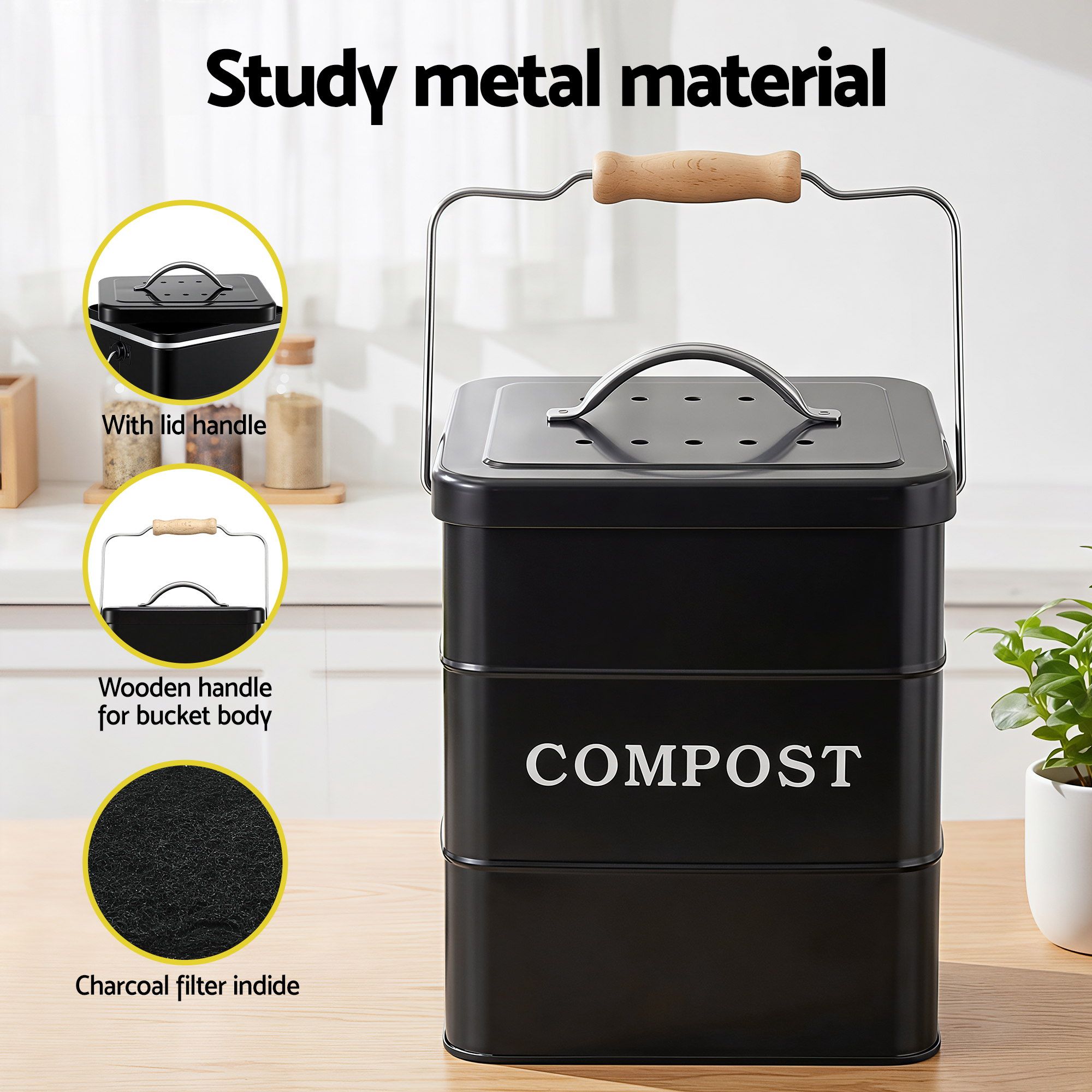 5L Compost Bin Kitchen Countertop Food Waste Caddy Black