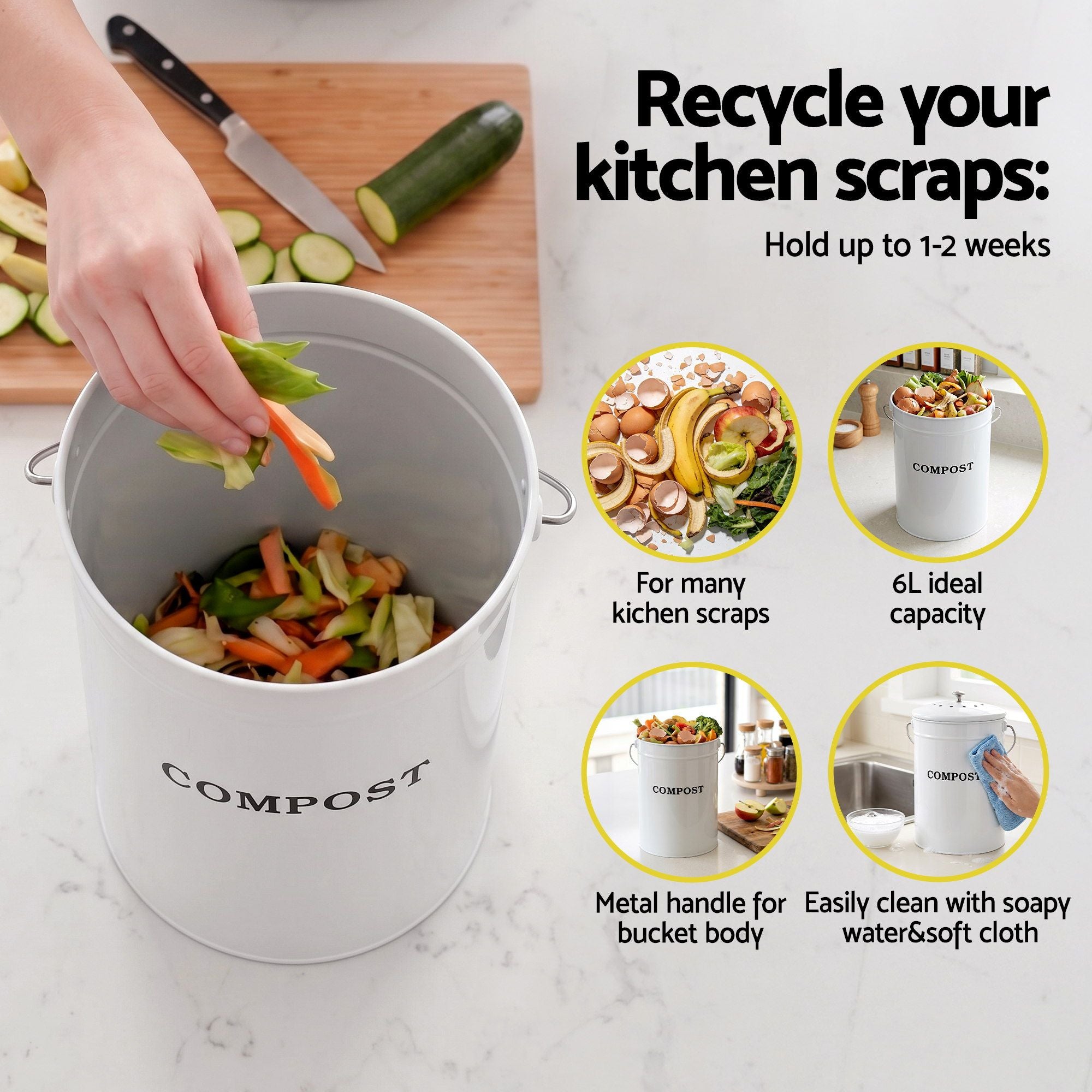 Compost Bin Kitchen Compost Caddy Food Waste Bin Bench White