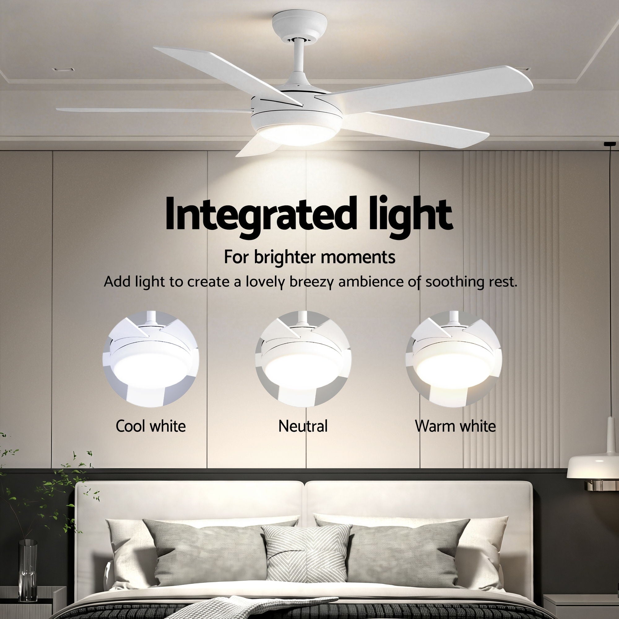 52" Ceiling Fan 5-Blade DC Motor with Light and Remote - White