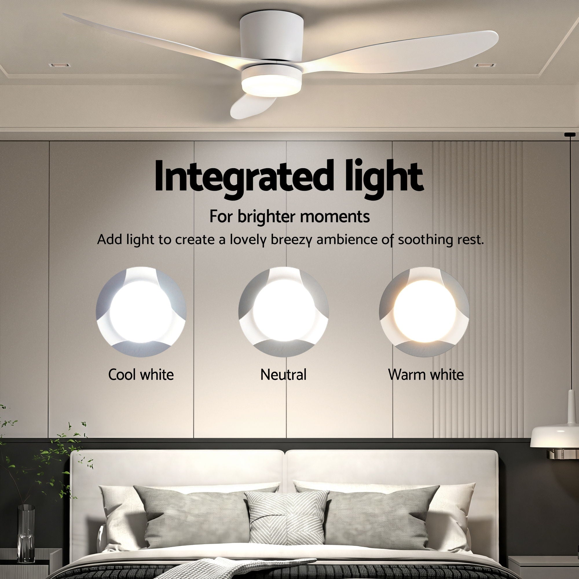 52" 3-Blade Ceiling Fan with DC Motor, Light & Remote Control - White