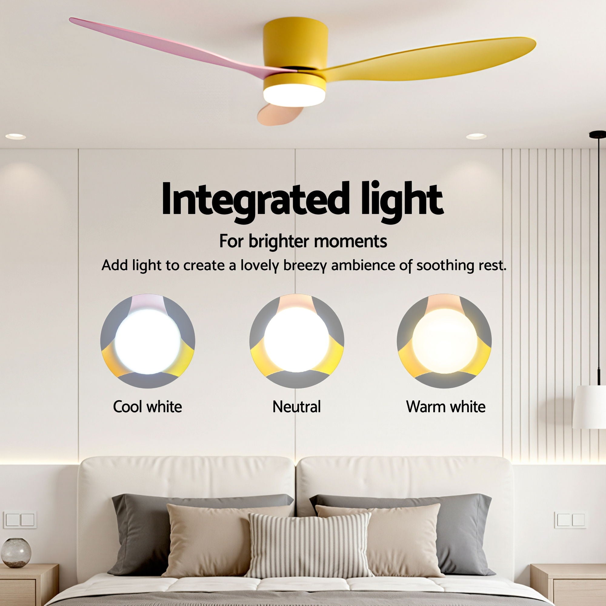 52" Ceiling Fan 3-Blade DC Motor with Light and Remote - Yellow Pink Orange
