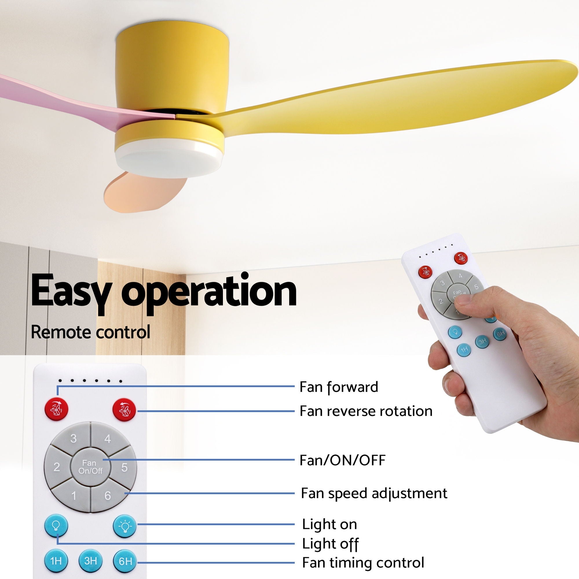 52" Ceiling Fan 3-Blade DC Motor with Light and Remote - Yellow Pink Orange