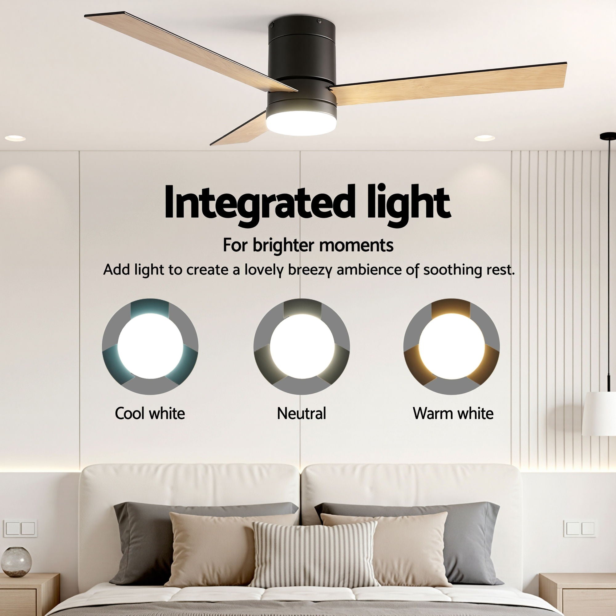 52'' Ceiling Fan 3-Blade Double-Sided DC Motor with Light and Remote - Light Wood & Black