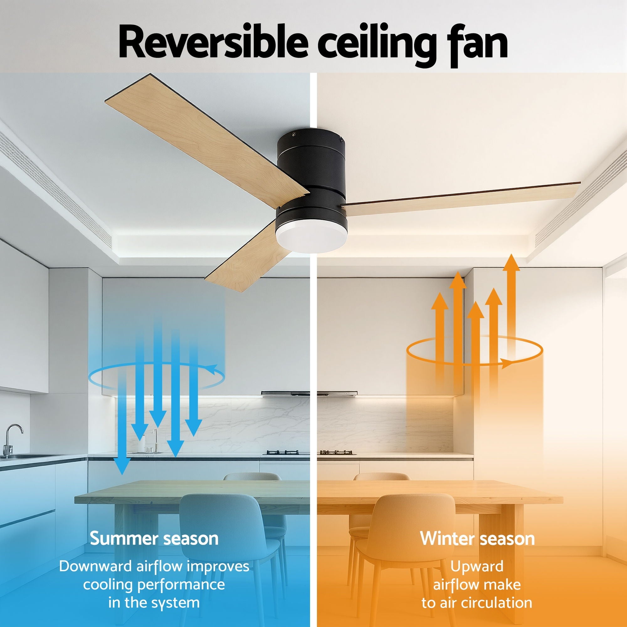 52'' Ceiling Fan 3-Blade Double-Sided DC Motor with Light and Remote - Light Wood & Black