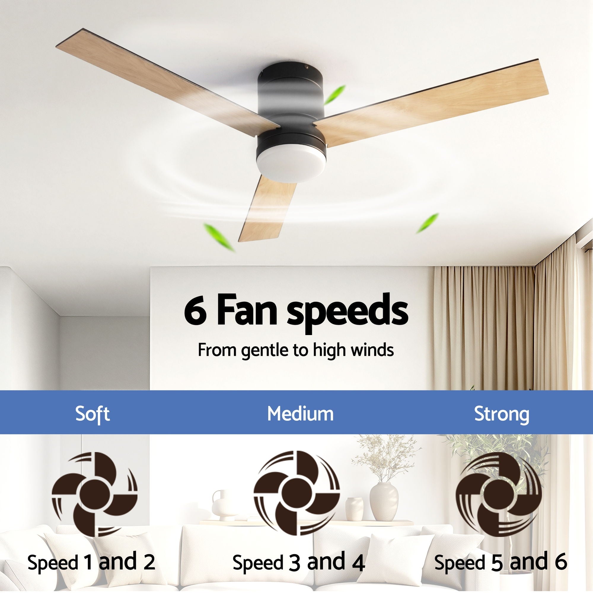 52'' Ceiling Fan 3-Blade Double-Sided DC Motor with Light and Remote - Light Wood & Black