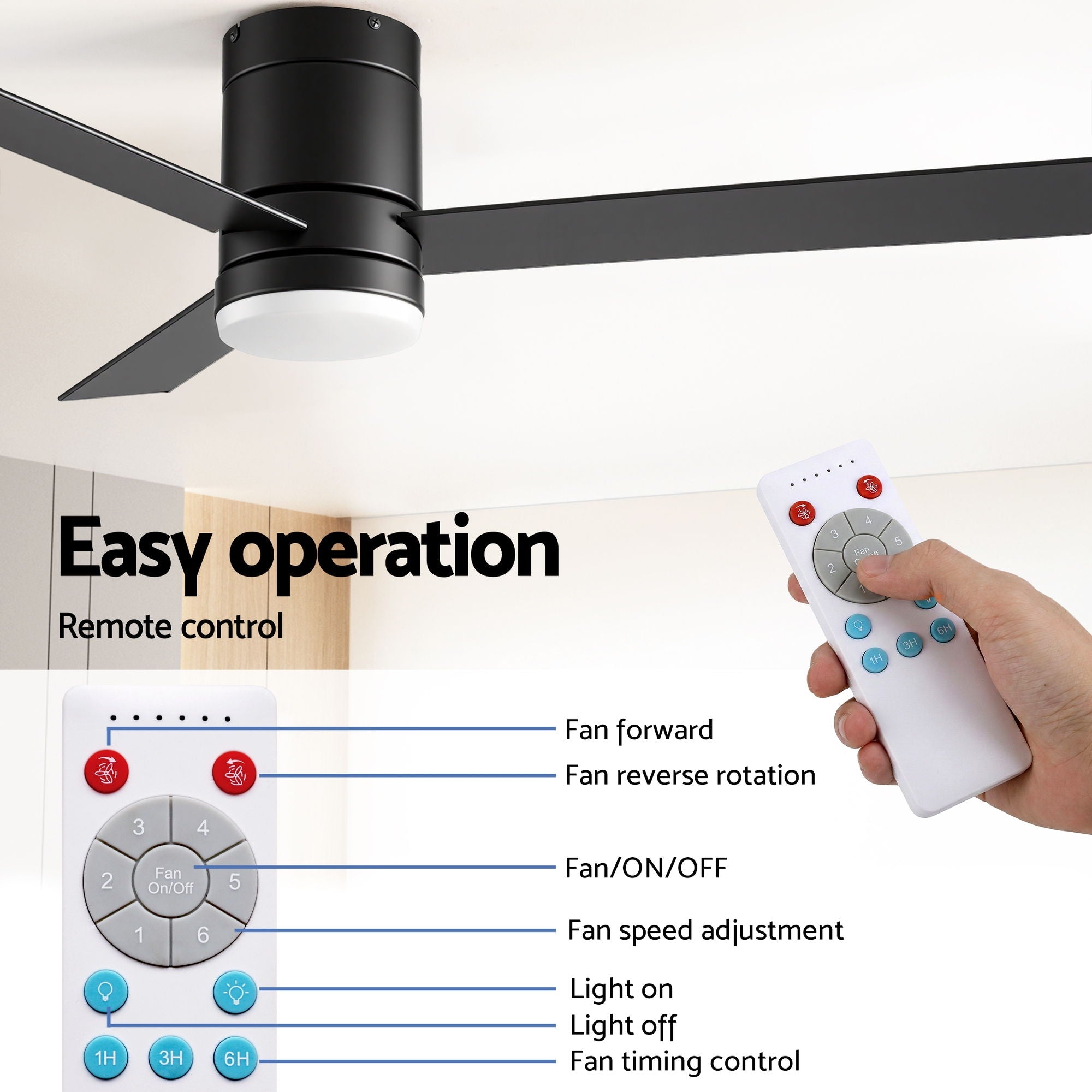 52'' Ceiling Fan 3-Blade Double-Sided DC Motor with Light and Remote - Light Wood & Black