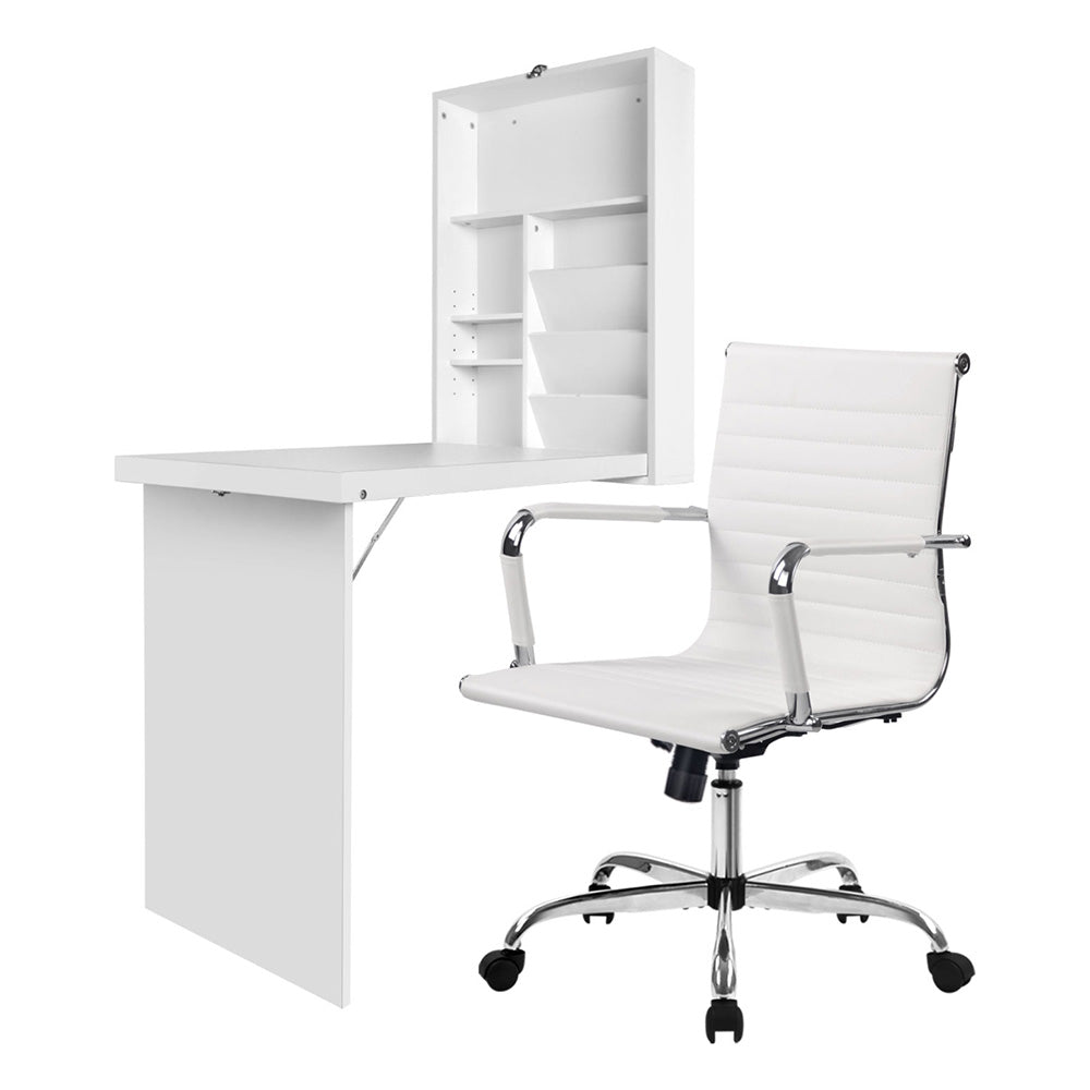 Computer Desk Office Chair Set PU Leather Wall Mount Foldable Table White