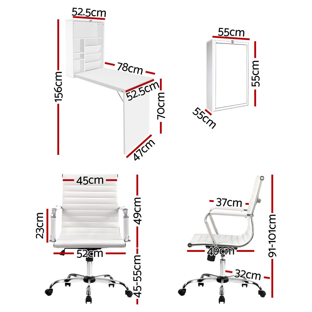 Computer Desk Office Chair Set PU Leather Wall Mount Foldable Table White