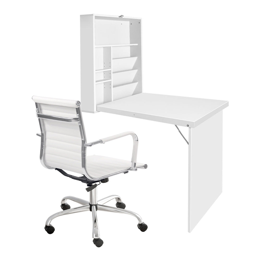 Computer Desk Office Chair Set PU Leather Wall Mount Foldable Table White