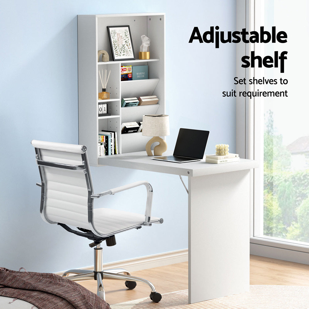 Computer Desk Office Chair Set PU Leather Wall Mount Foldable Table White