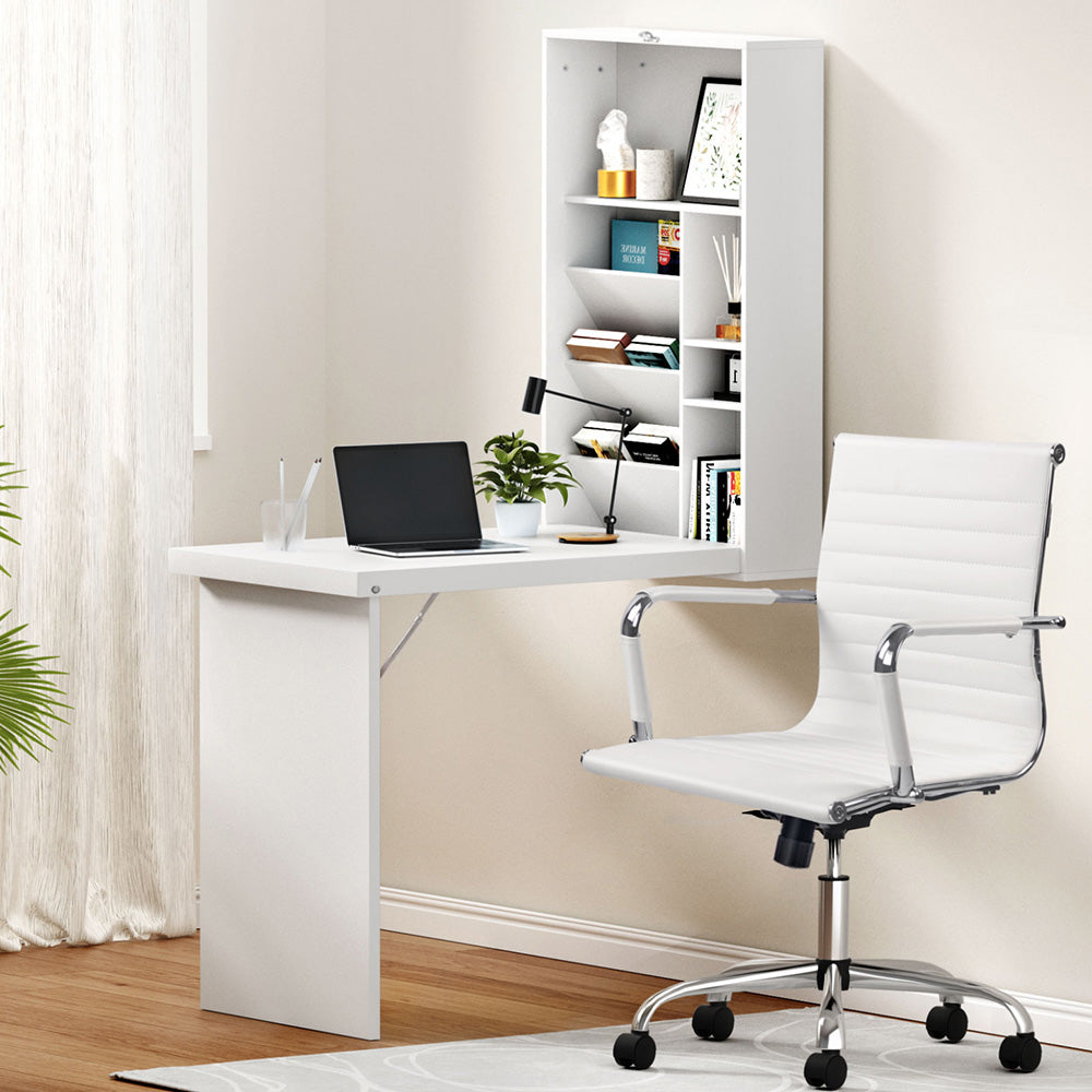 Computer Desk Office Chair Set PU Leather Wall Mount Foldable Table White