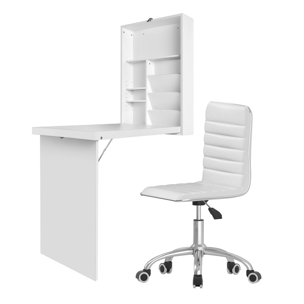 Computer Desk Office Chair Set PU Leather Wall Mount Foldable Table White