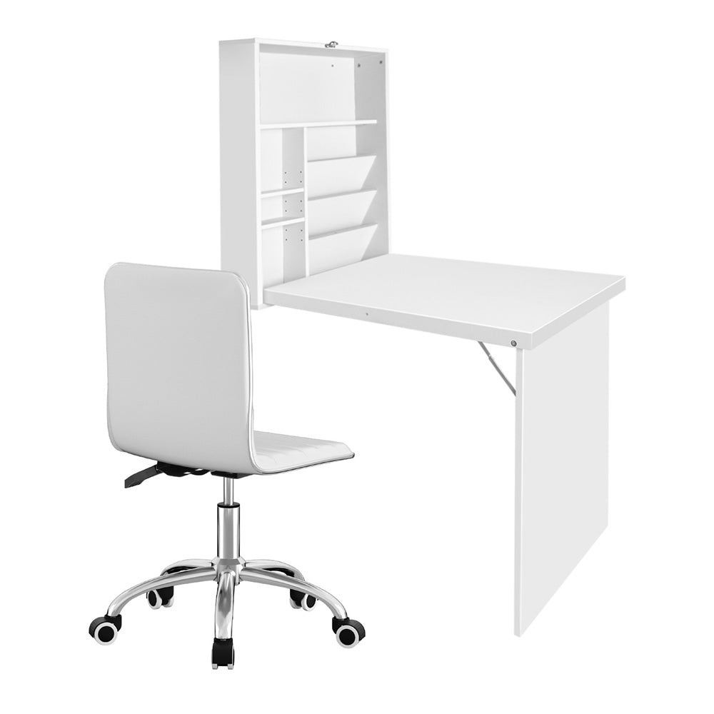 Computer Desk Office Chair Set PU Leather Wall Mount Foldable Table White