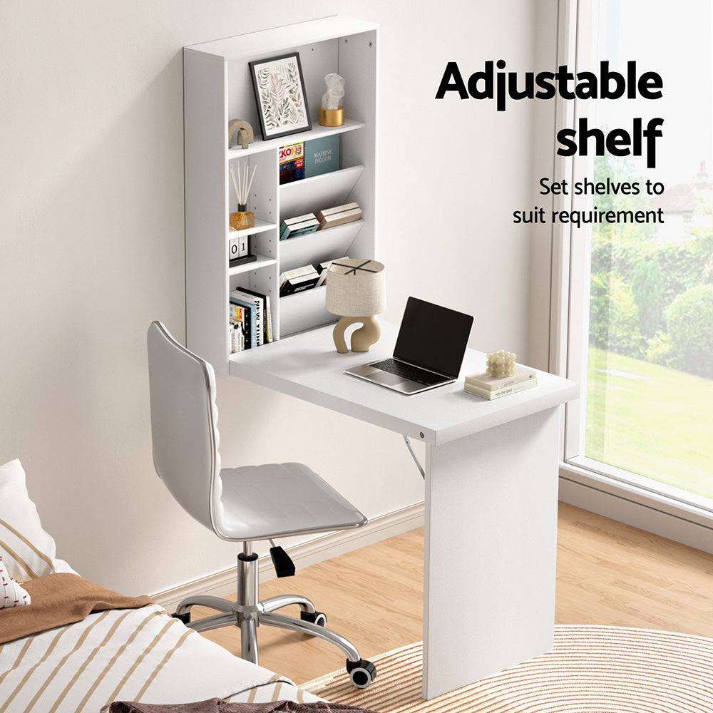 Computer Desk Office Chair Set PU Leather Wall Mount Foldable Table White