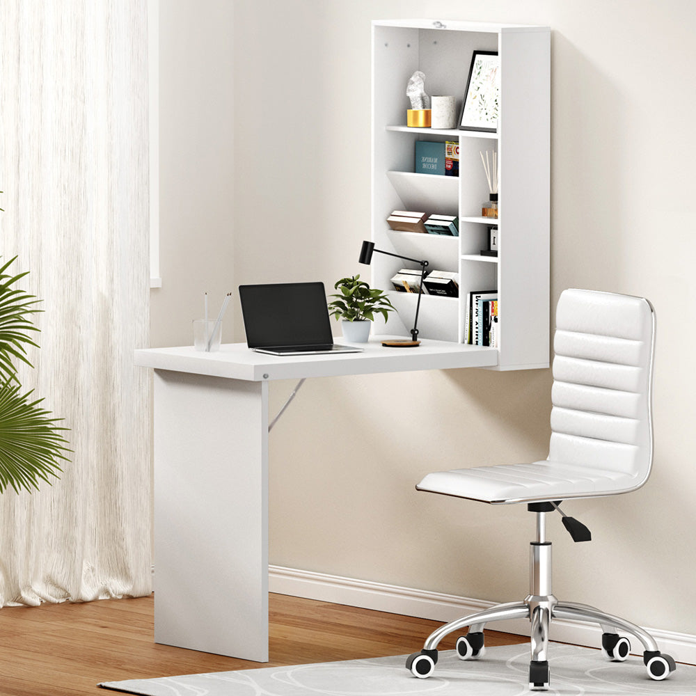 Computer Desk Office Chair Set PU Leather Wall Mount Foldable Table White