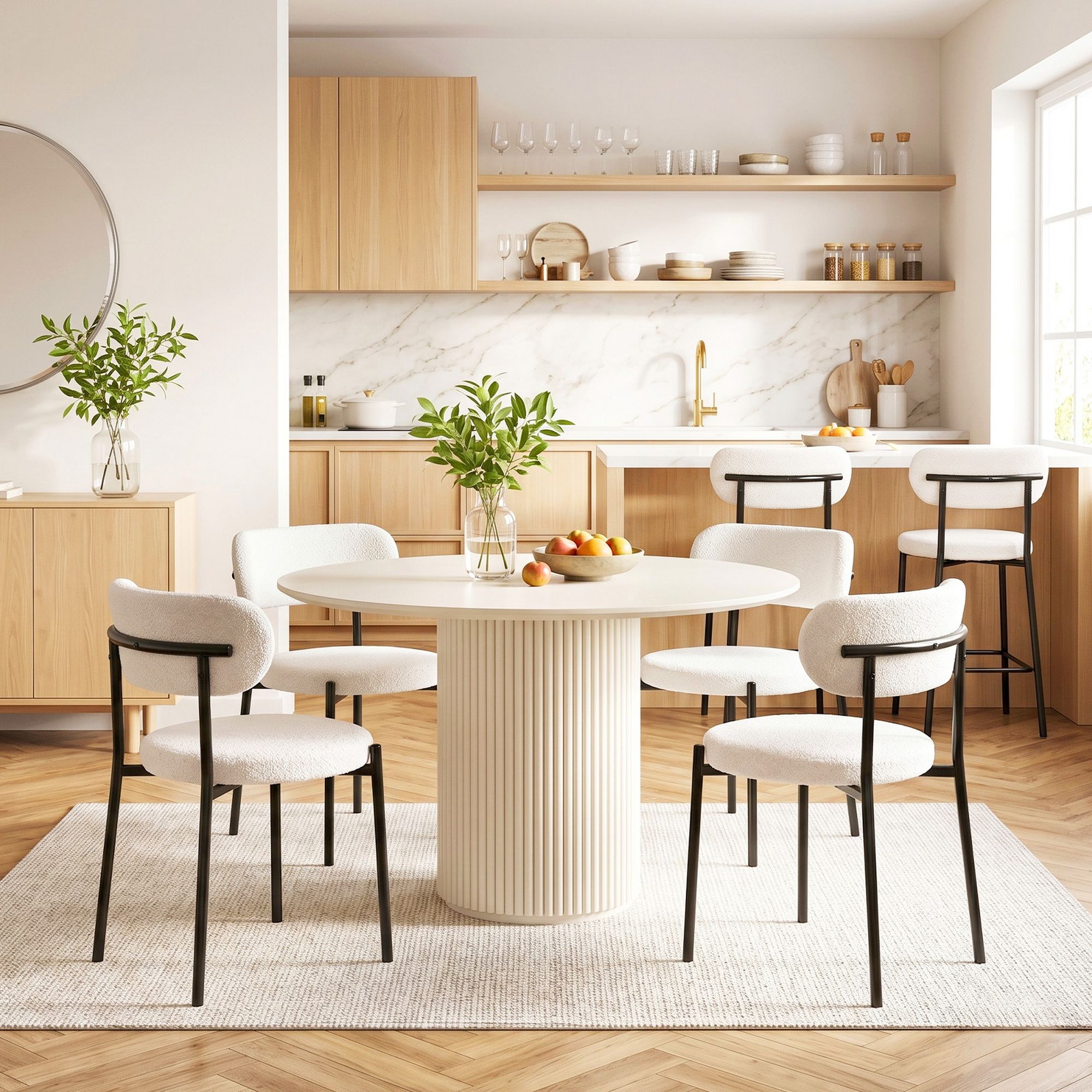Dining Chairs Set of 6 Sherpa Boucle White