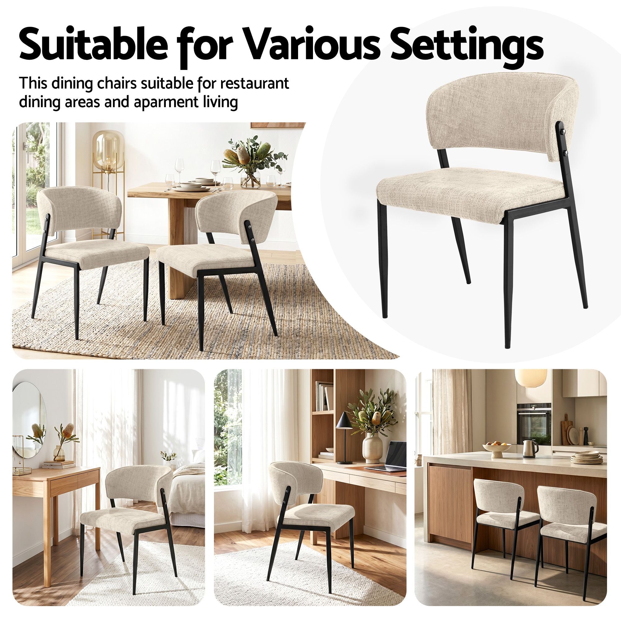 Dining Chairs Set of 2 Linen Fabric Soft Upholstered Chairs Beige