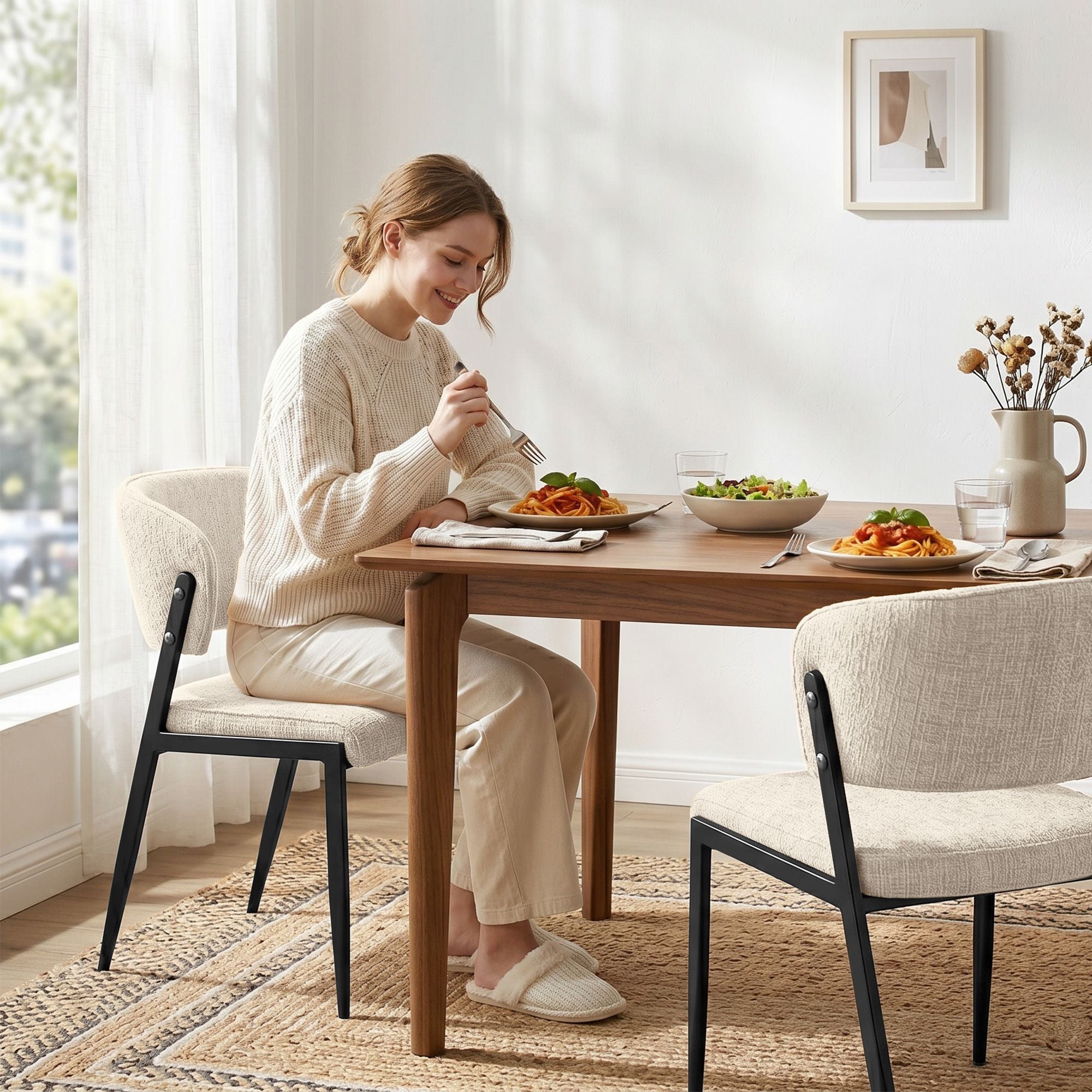 Dining Chairs Set of 2 Linen Fabric Soft Upholstered Chairs Beige