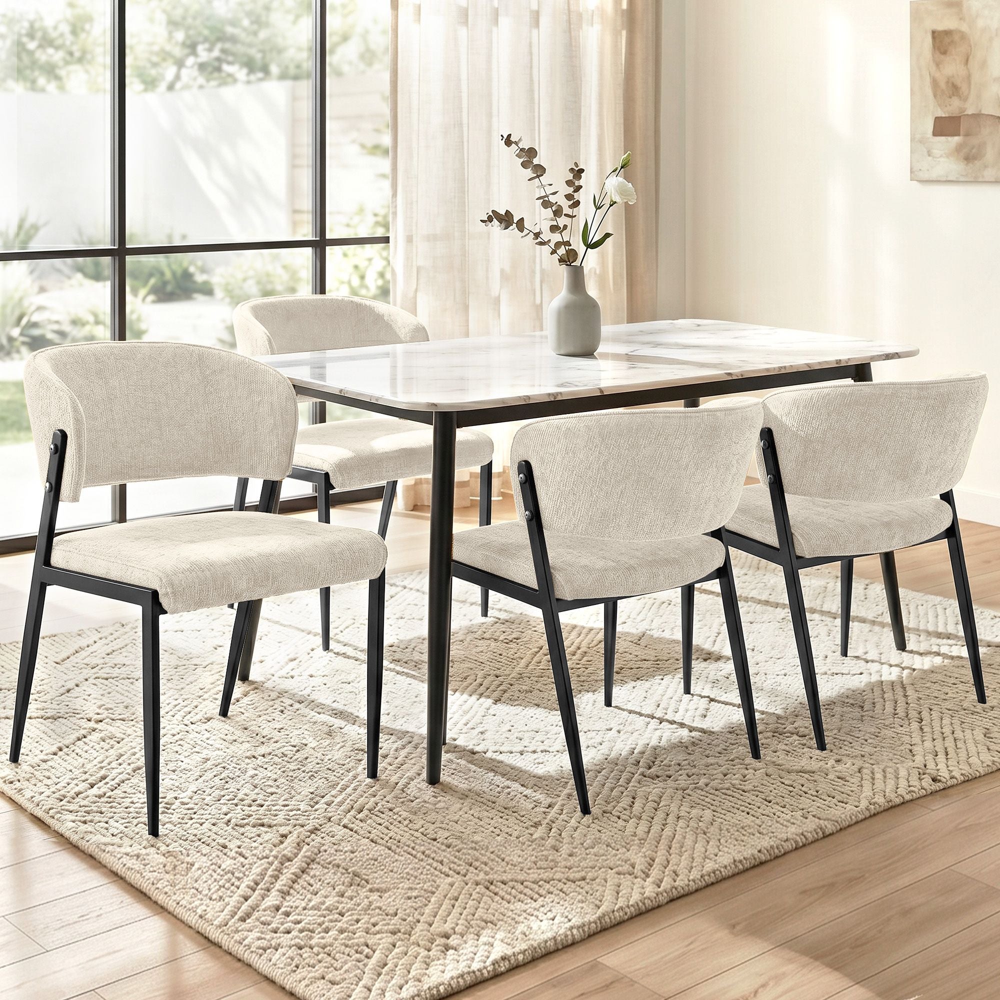 Dining Chairs Set of 4 Linen Fabric Soft Upholstered Chairs Beige