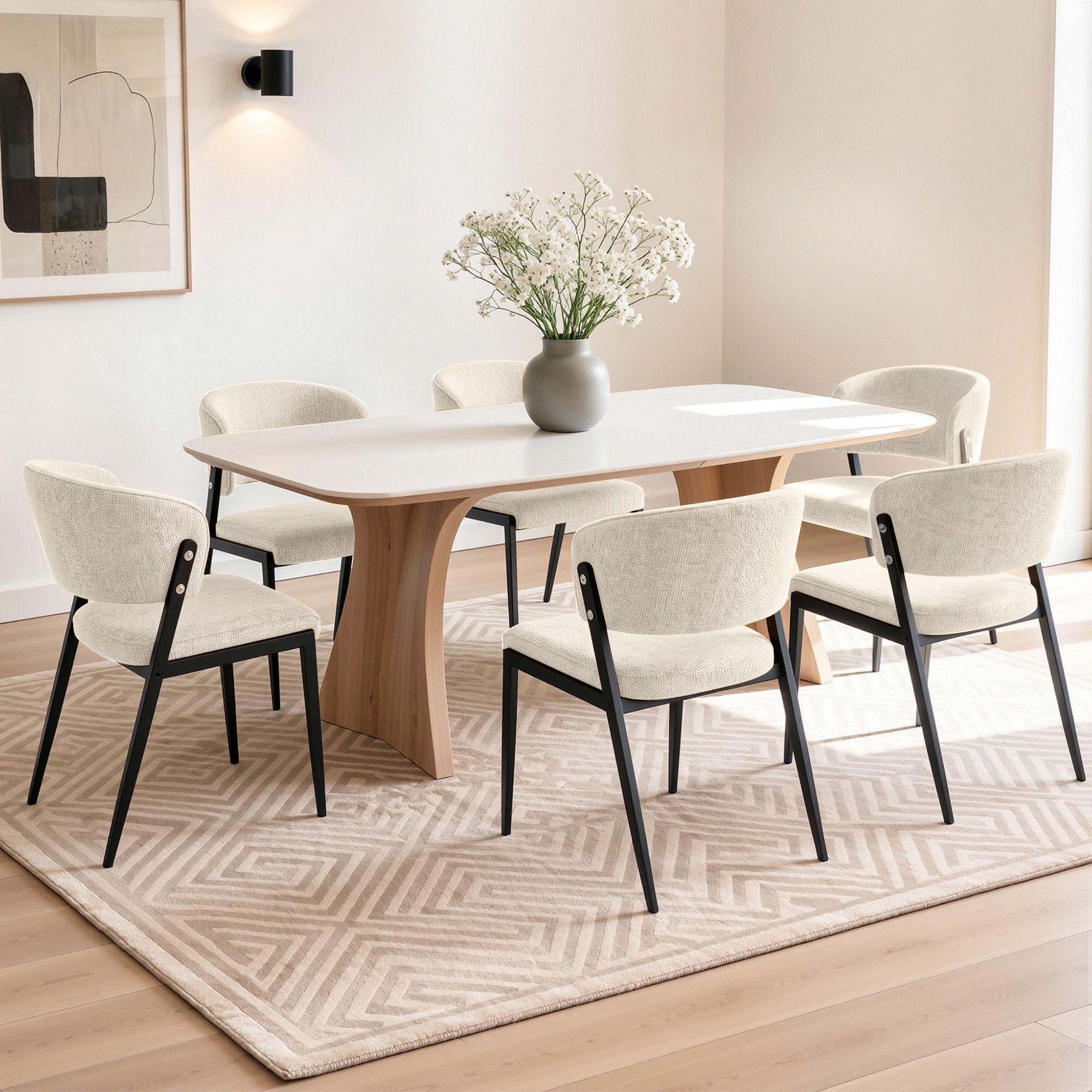 Dining Chairs Set of 6 Linen Fabric Soft Upholstered Chairs Beige