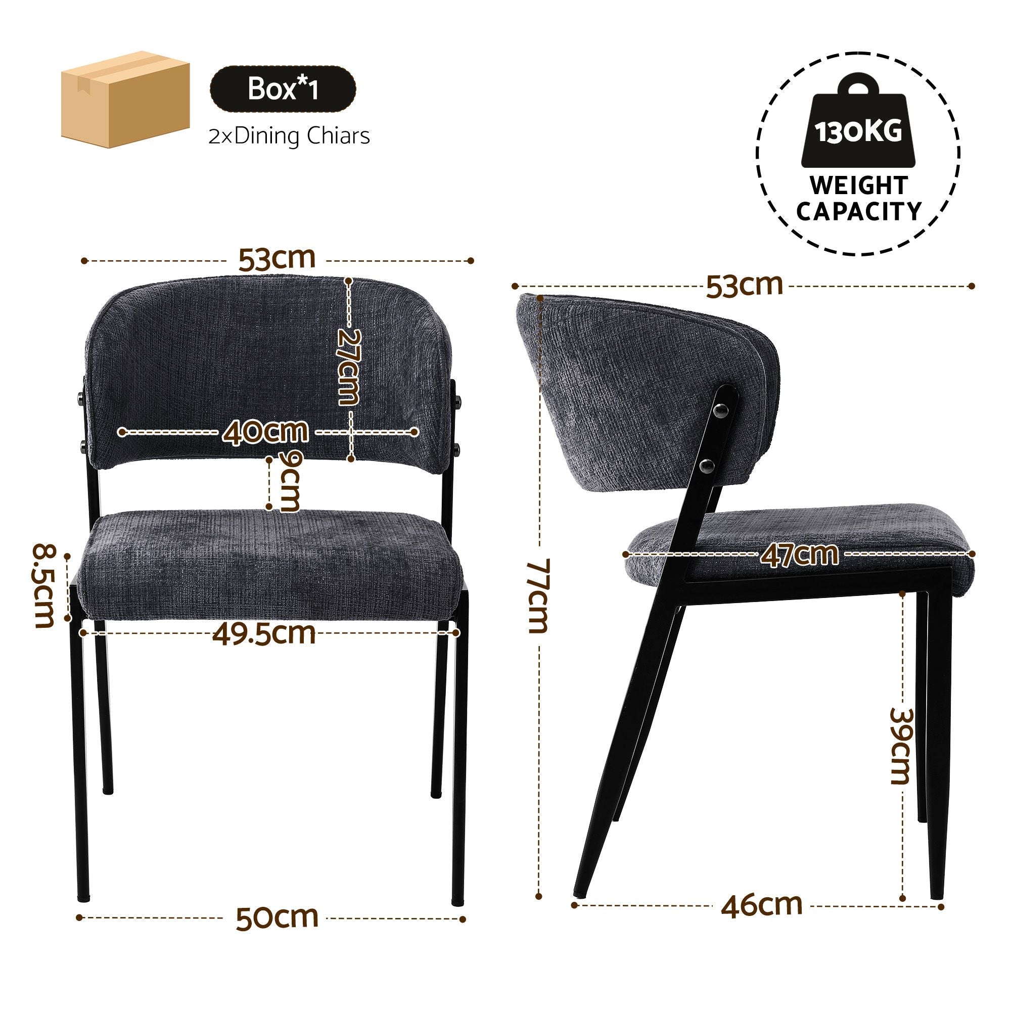 Dining Chairs Set of 2 Linen Fabric Soft Upholstered Chairs Charcoal