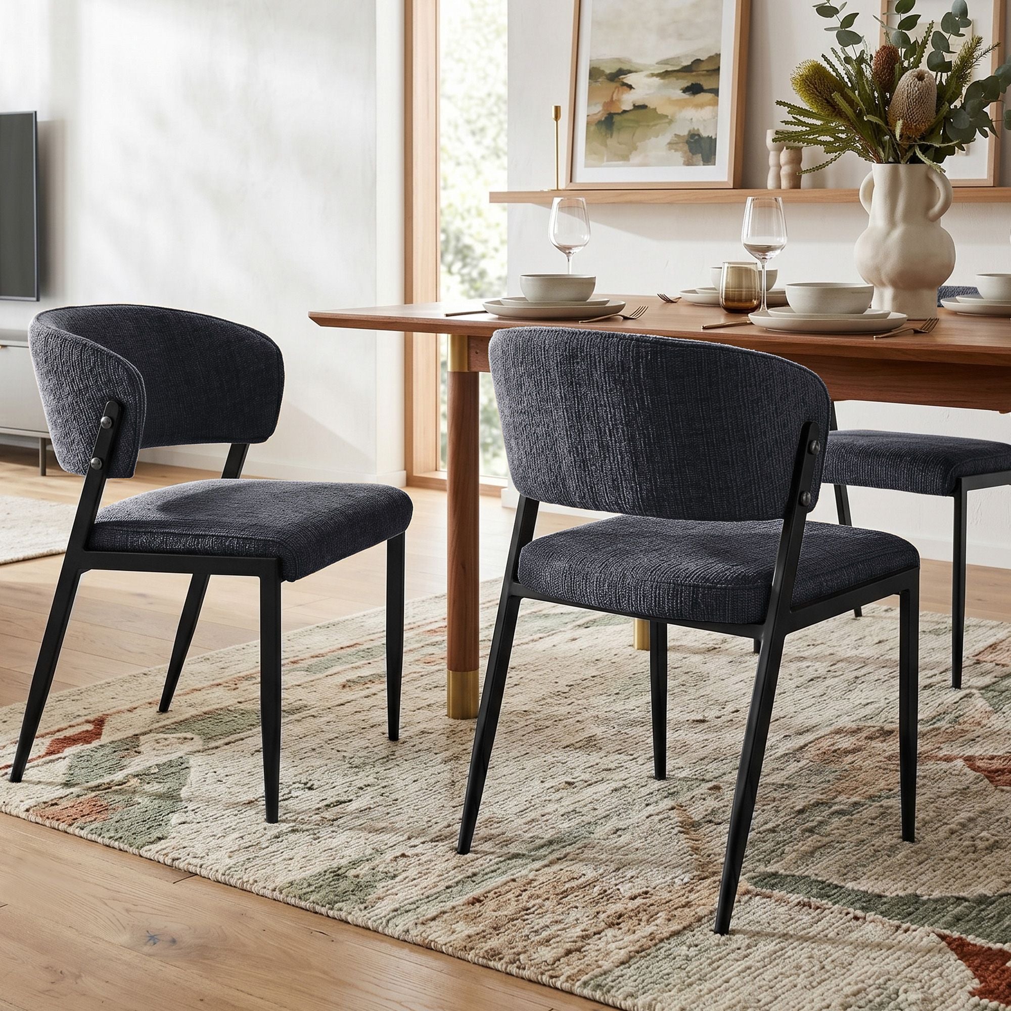 Dining Chairs Set of 2 Linen Fabric Soft Upholstered Chairs Charcoal
