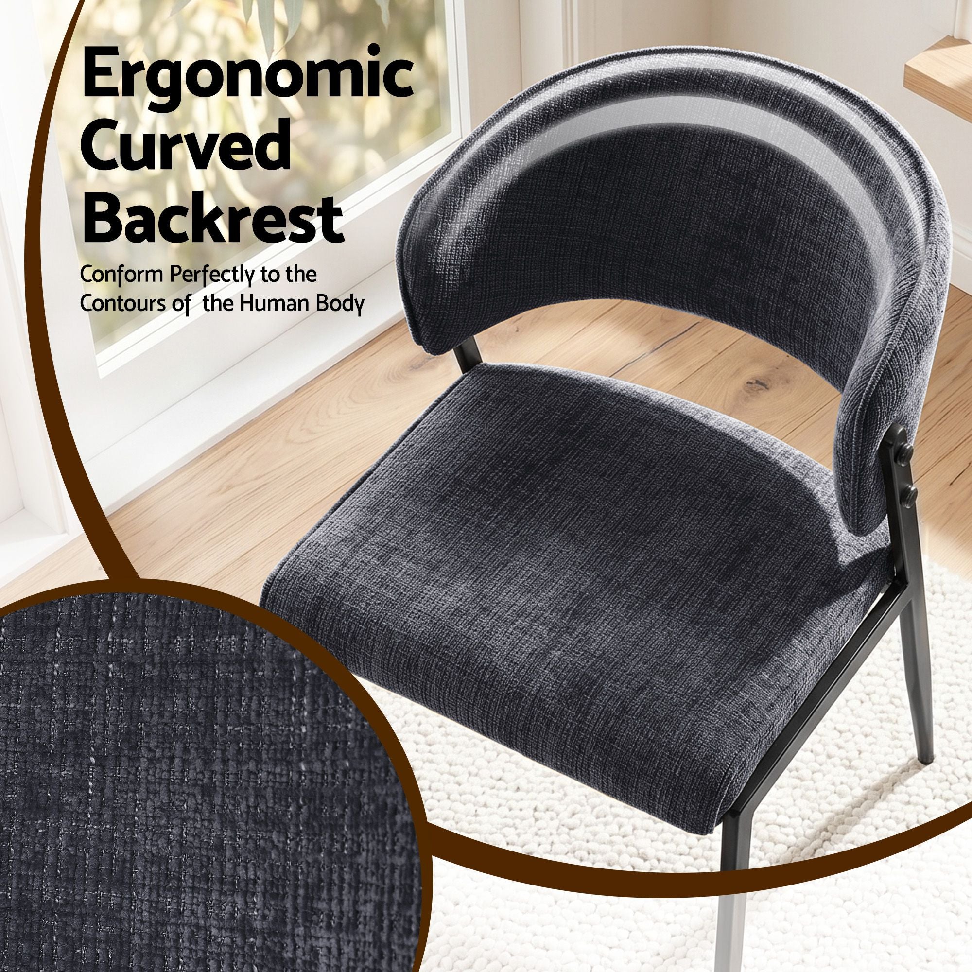 Dining Chairs Set of 2 Linen Fabric Soft Upholstered Chairs Charcoal