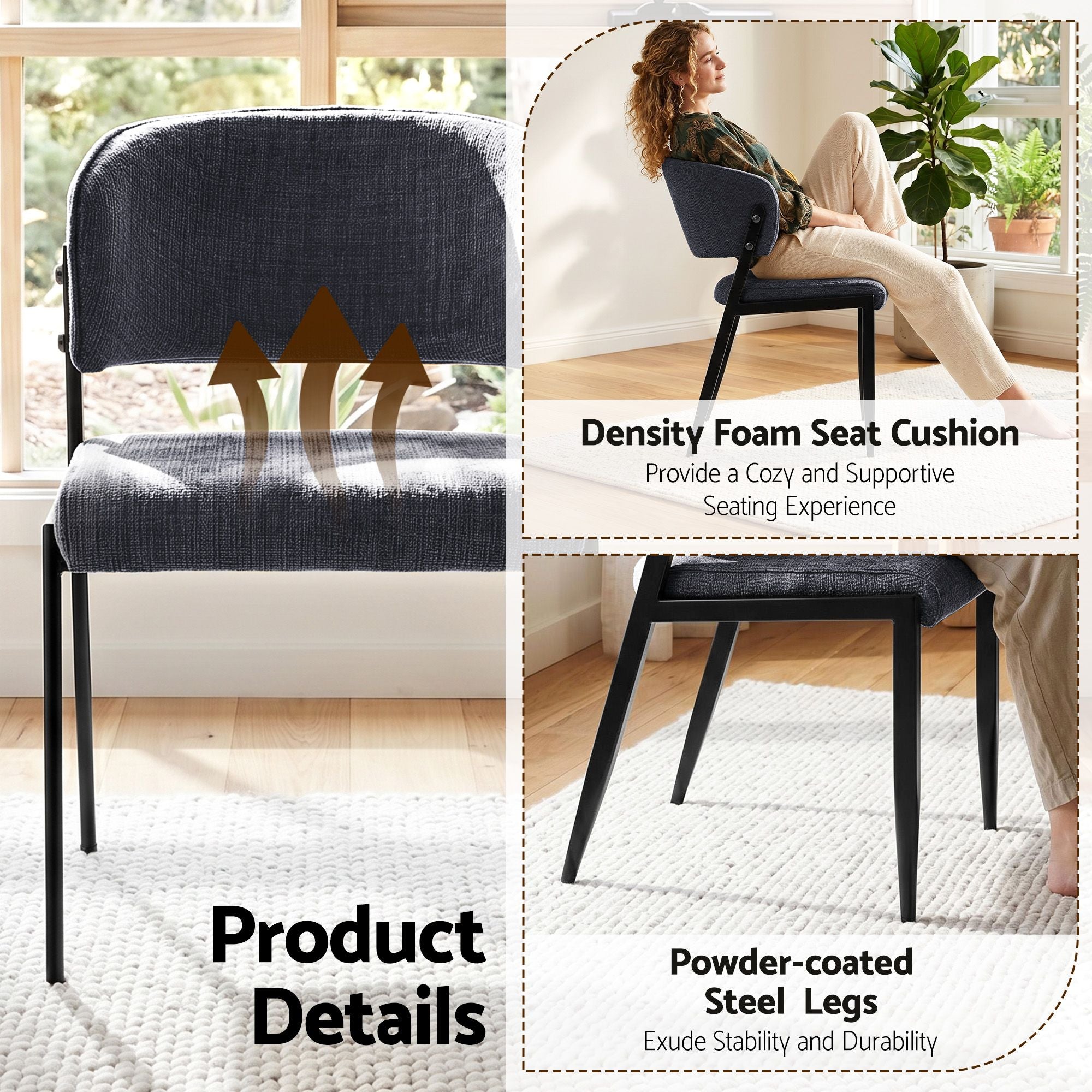 Dining Chairs Set of 2 Linen Fabric Soft Upholstered Chairs Charcoal