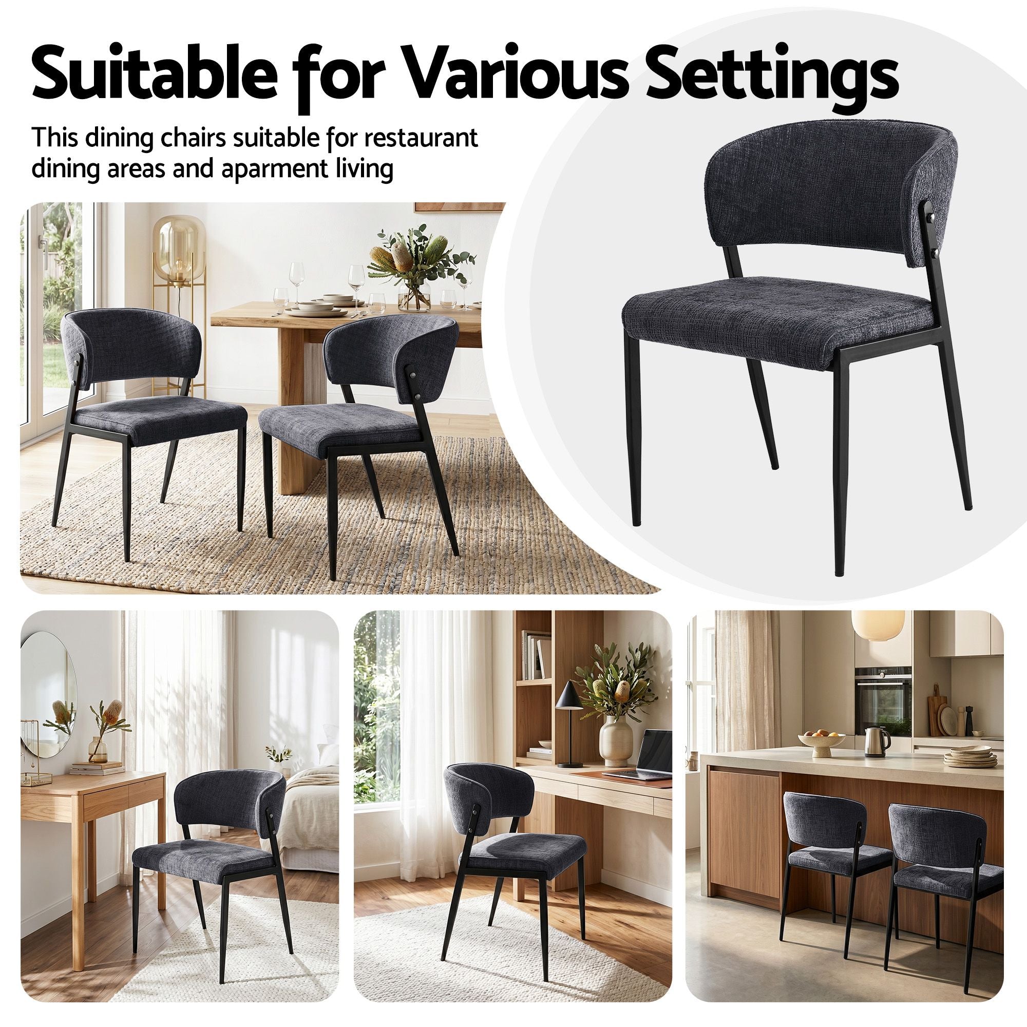 Dining Chairs Set of 2 Linen Fabric Soft Upholstered Chairs Charcoal