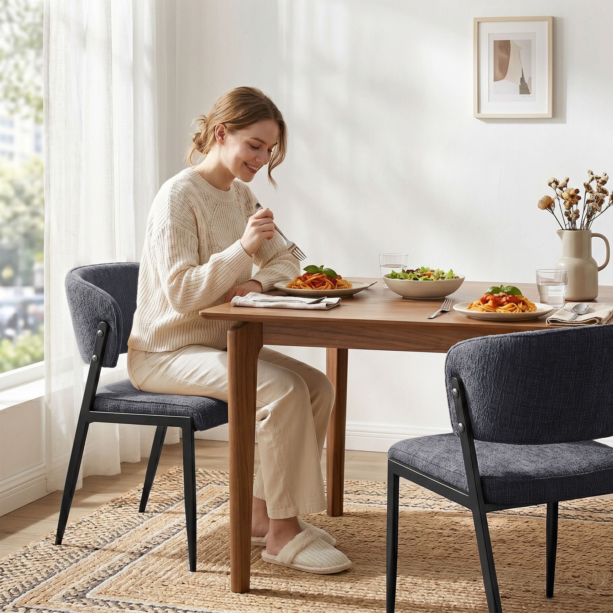 Dining Chairs Set of 2 Linen Fabric Soft Upholstered Chairs Charcoal