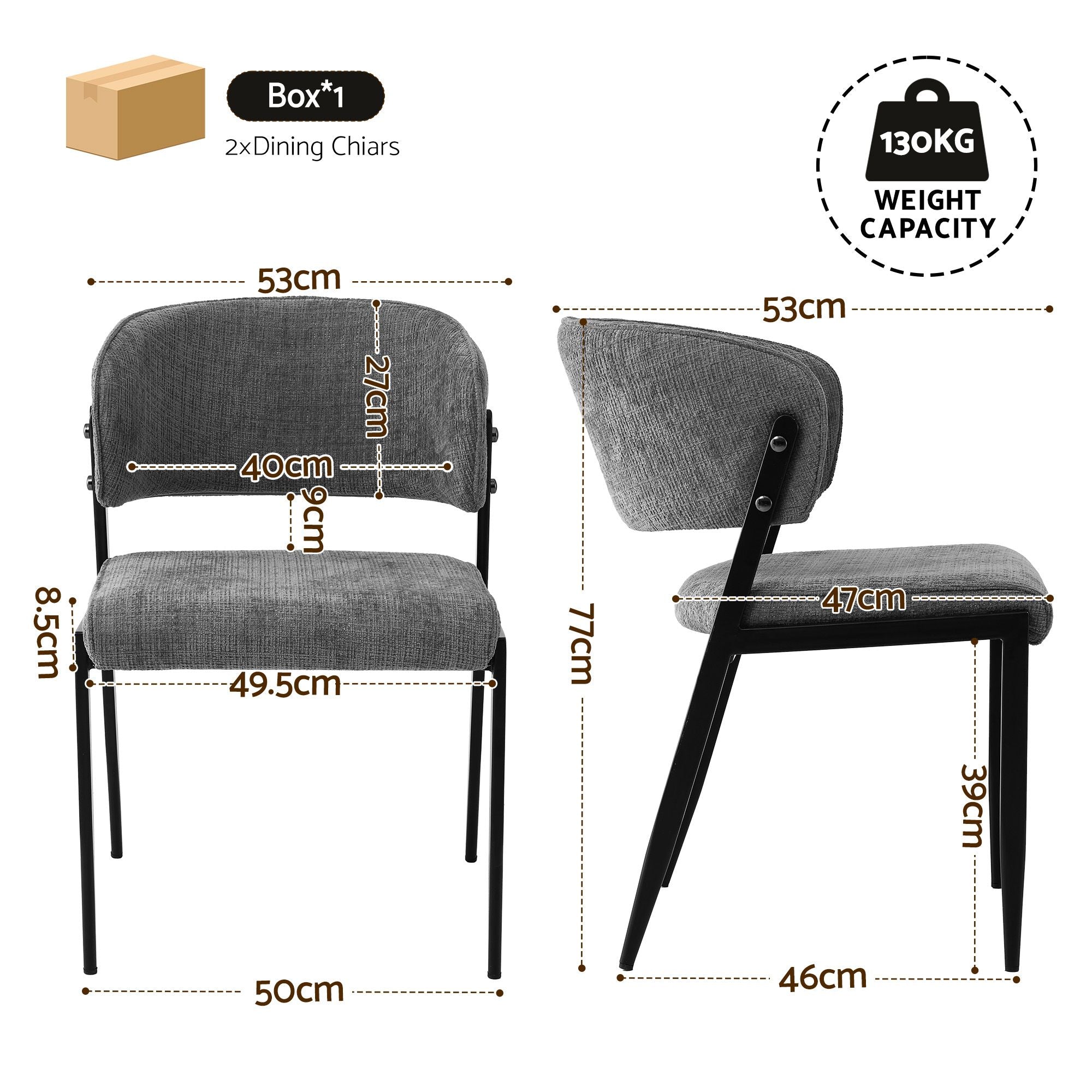 Dining Chairs Set of 2 Linen Fabric Soft Upholstered Chairs Grey