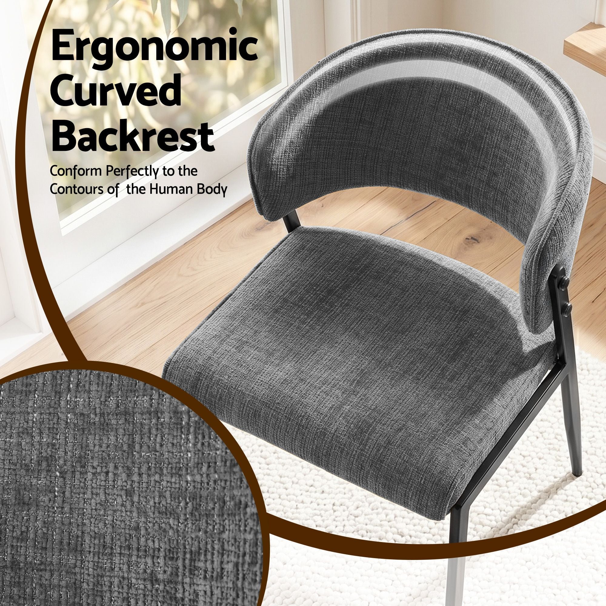 Dining Chairs Set of 2 Linen Fabric Soft Upholstered Chairs Grey