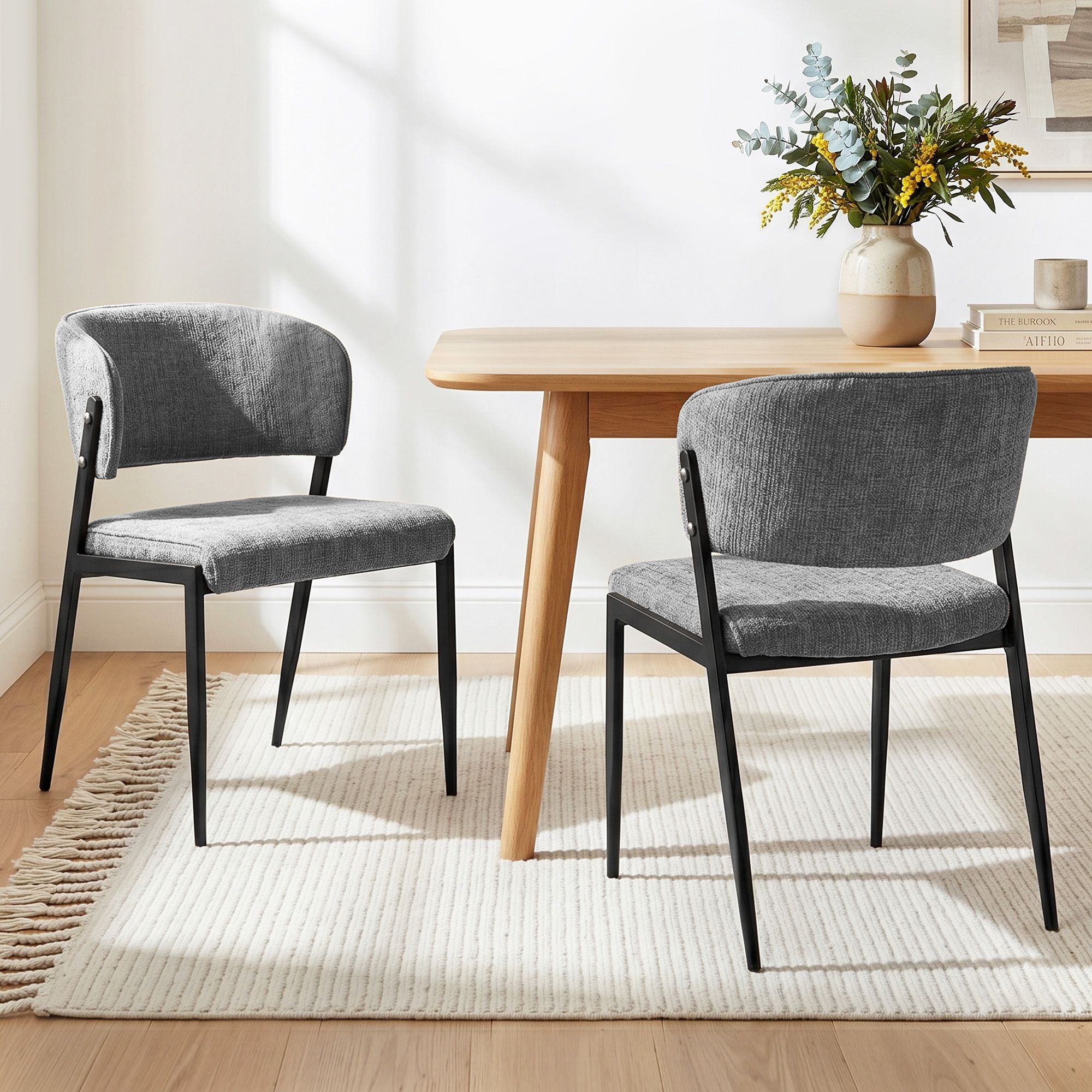 Dining Chairs Set of 2 Linen Fabric Soft Upholstered Chairs Grey