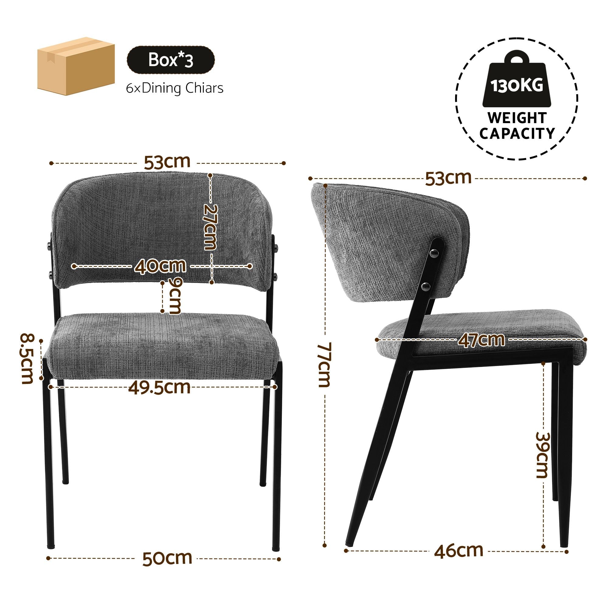 Dining Chairs Set of 6 Linen Fabric Soft Upholstered Chairs Grey