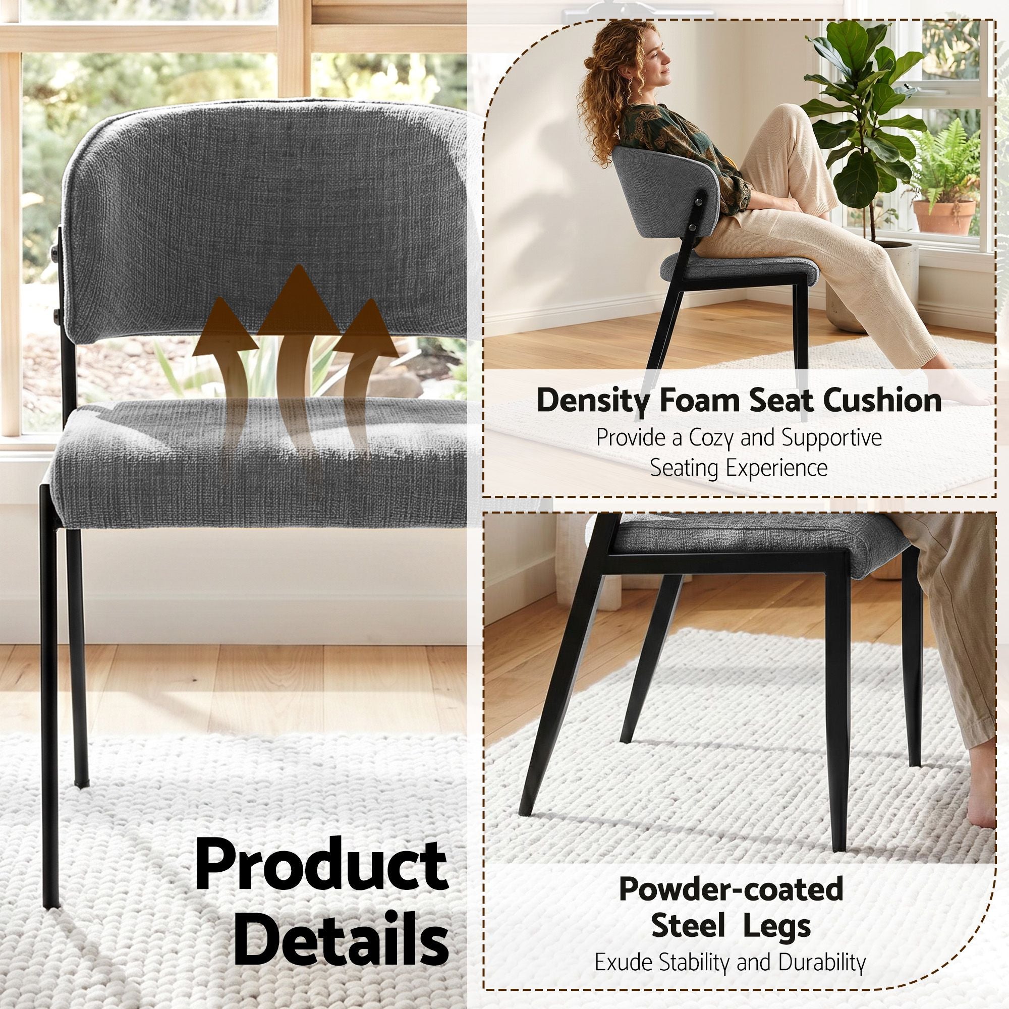Dining Chairs Set of 6 Linen Fabric Soft Upholstered Chairs Grey