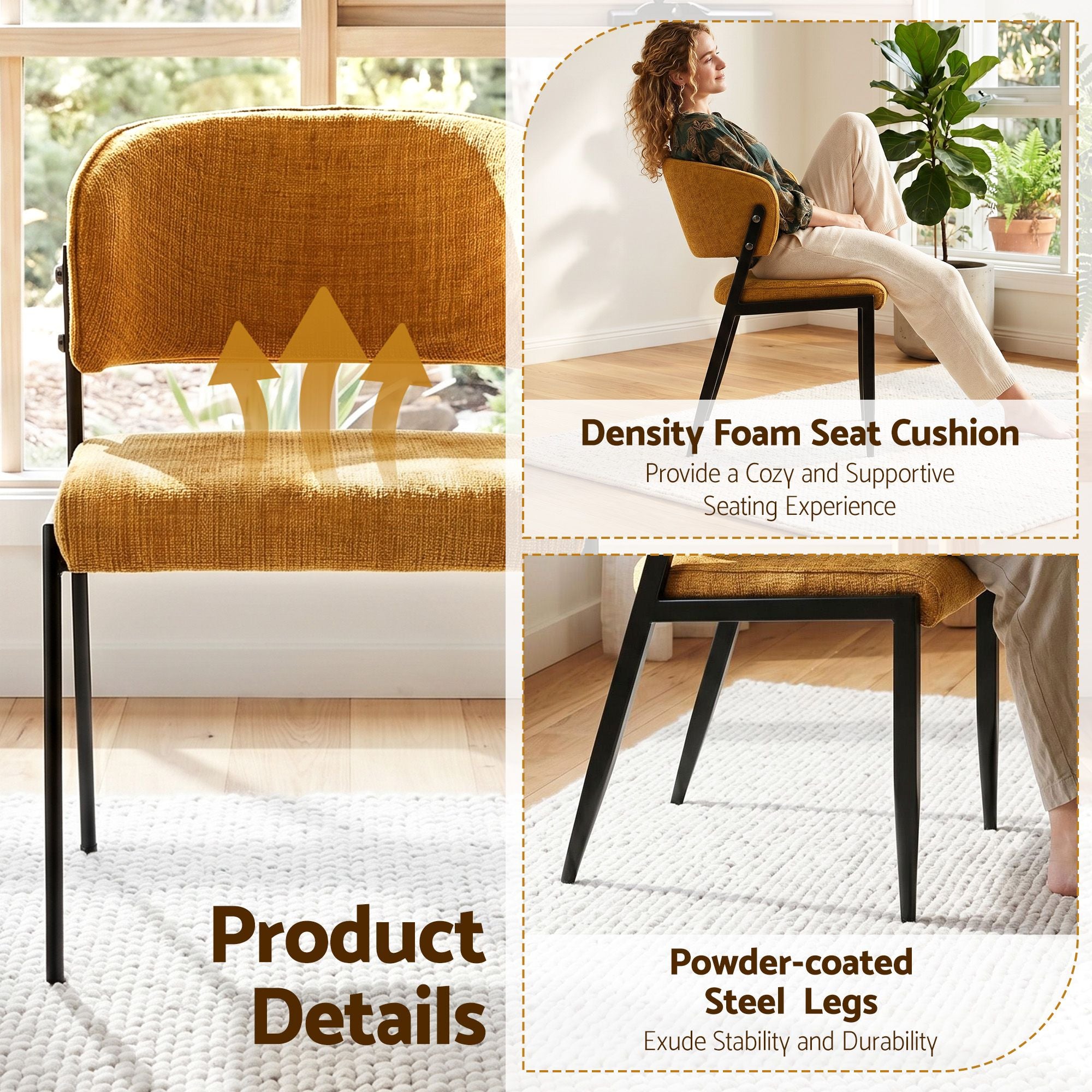 Dining Chairs Set of 2 Linen Fabric Soft Upholstered Chairs Mustard