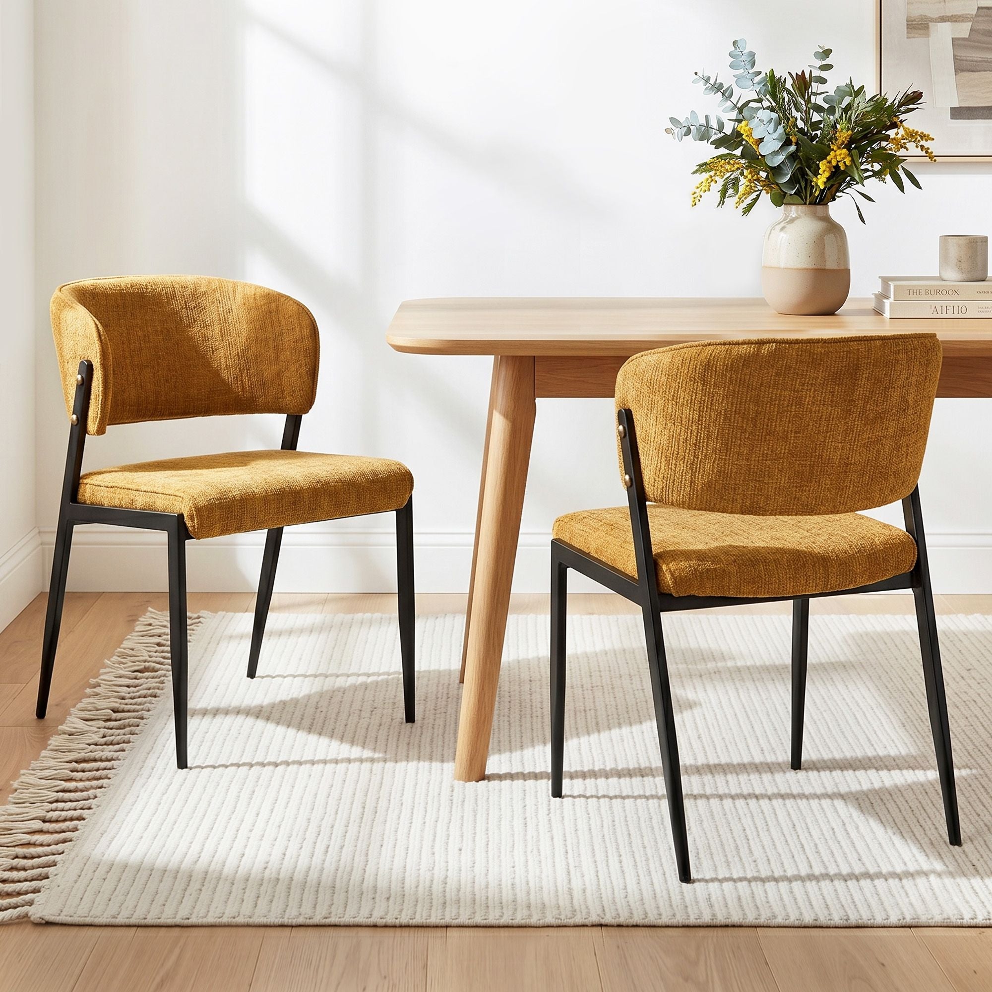 Dining Chairs Set of 2 Linen Fabric Soft Upholstered Chairs Mustard