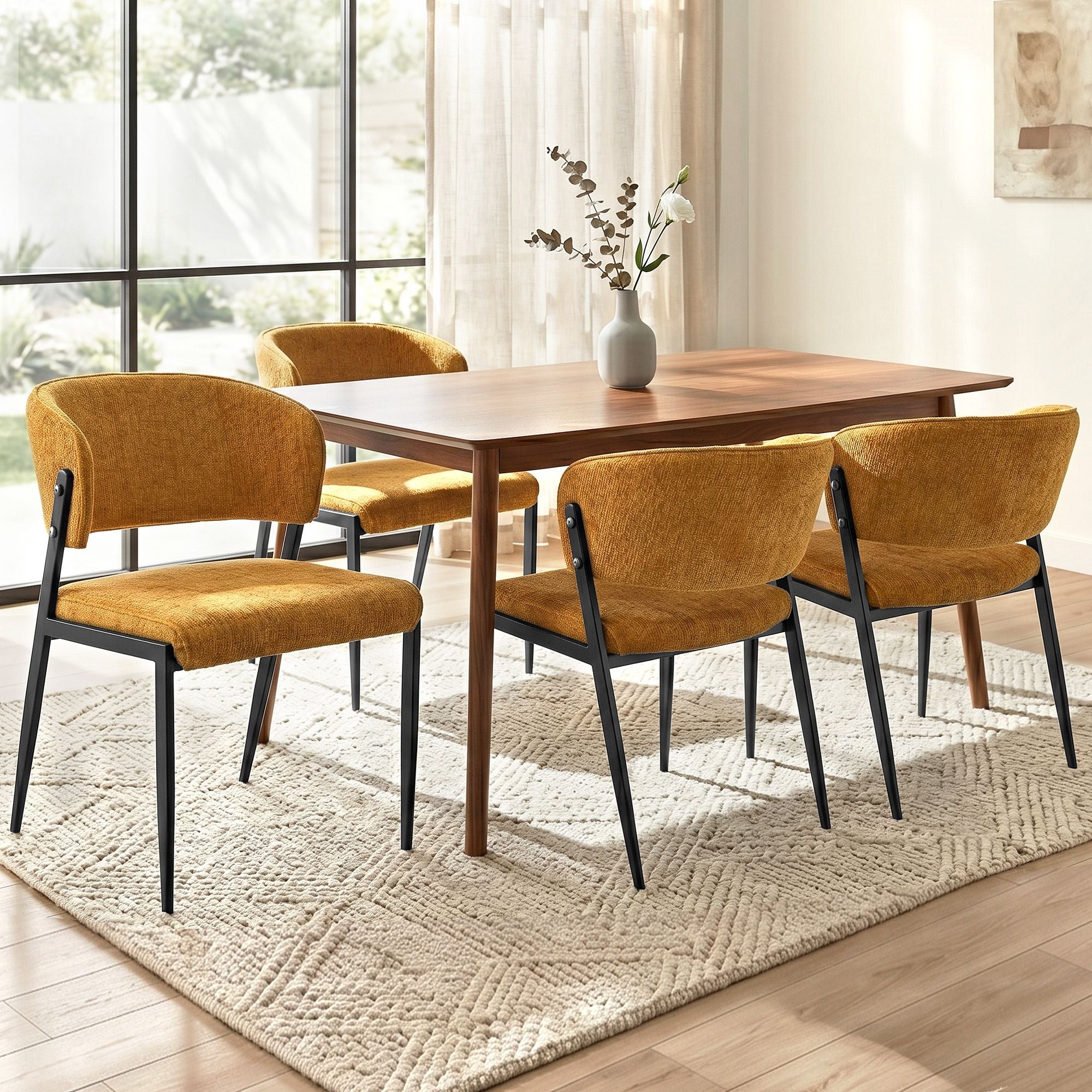 Dining Chairs Set of 4 Linen Fabric Soft Upholstered Chairs Mustard