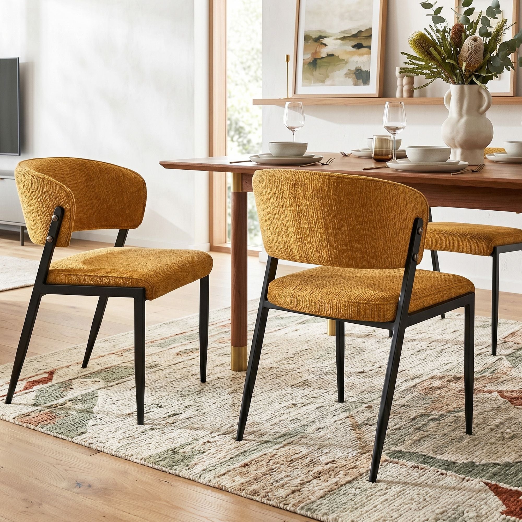 Dining Chairs Set of 6 Linen Fabric Soft Upholstered Chairs Mustard