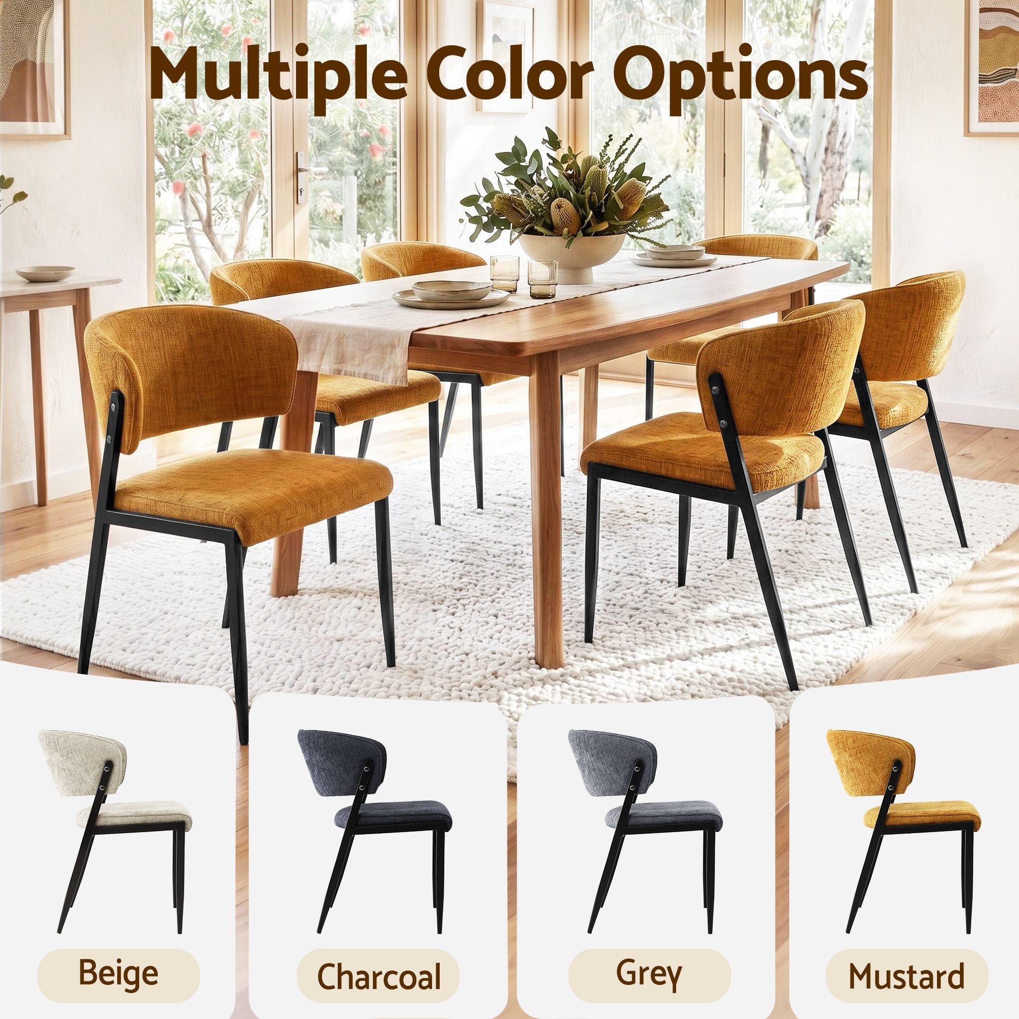 Dining Chairs Set of 6 Linen Fabric Soft Upholstered Chairs Mustard