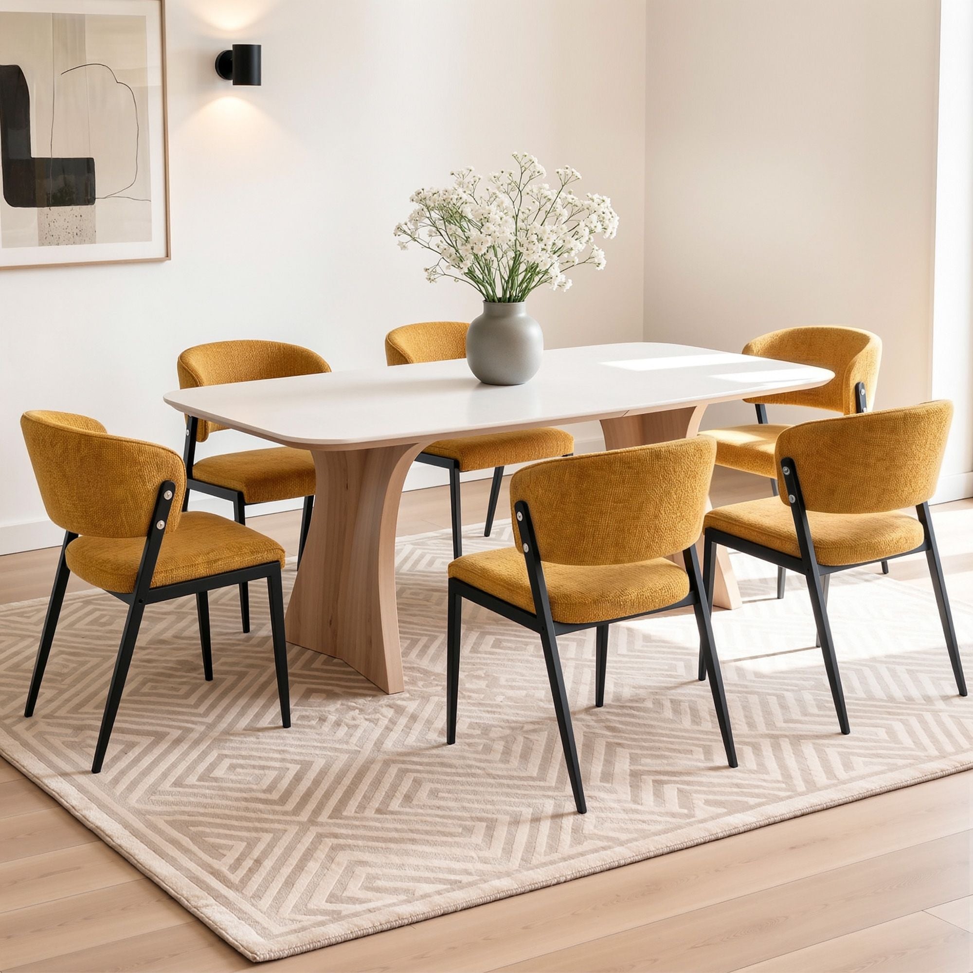 Dining Chairs Set of 6 Linen Fabric Soft Upholstered Chairs Mustard