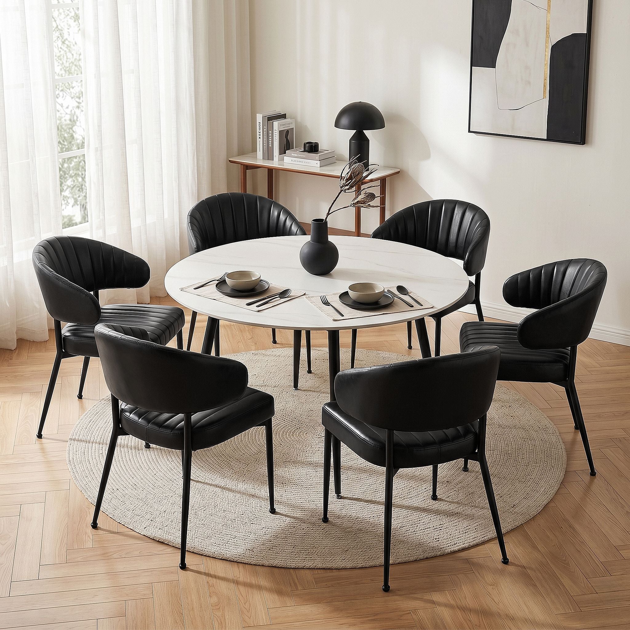 Dining Chairs Set of 6 Leather Hollow Armchair Black