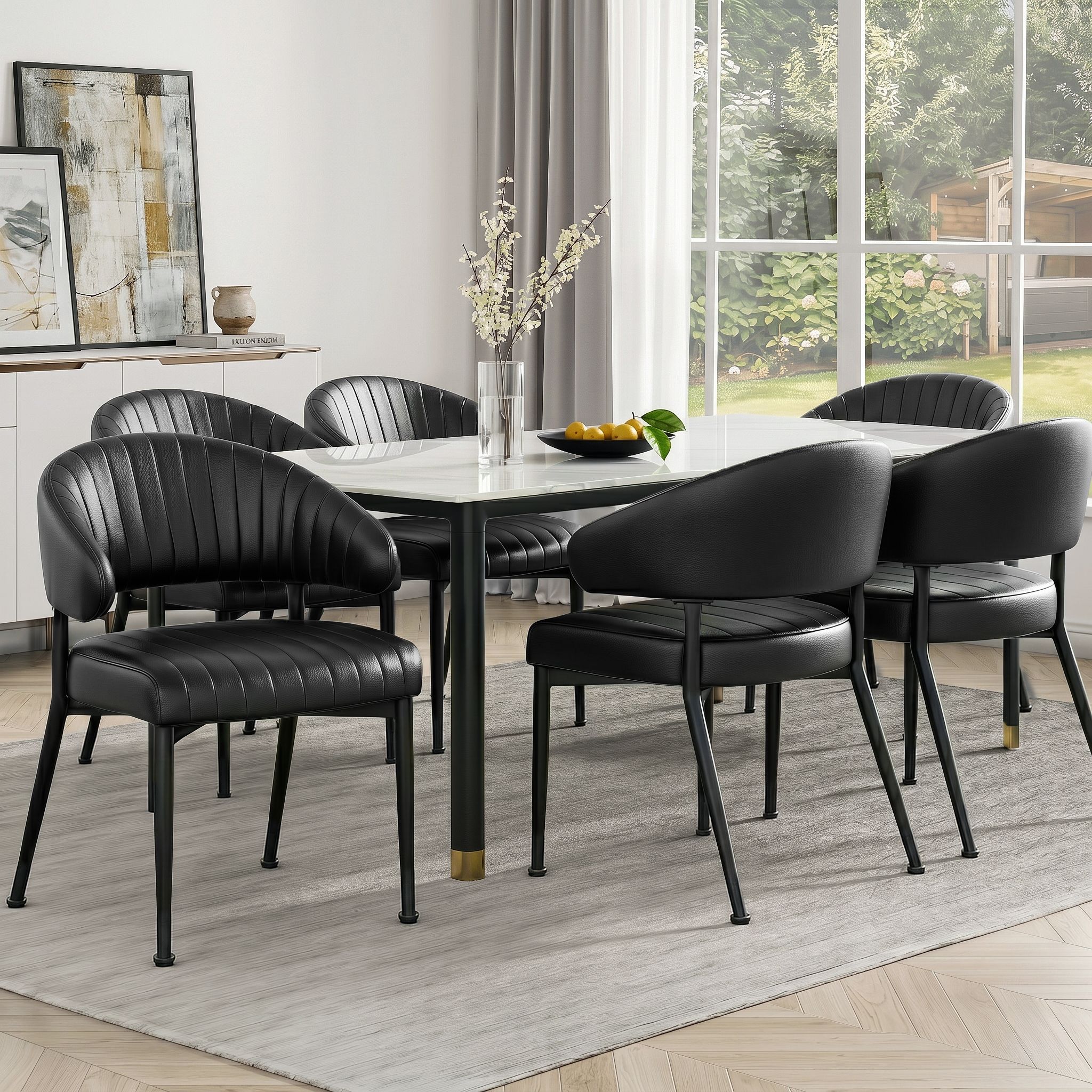 Dining Chairs Set of 6 Leather Hollow Armchair Black