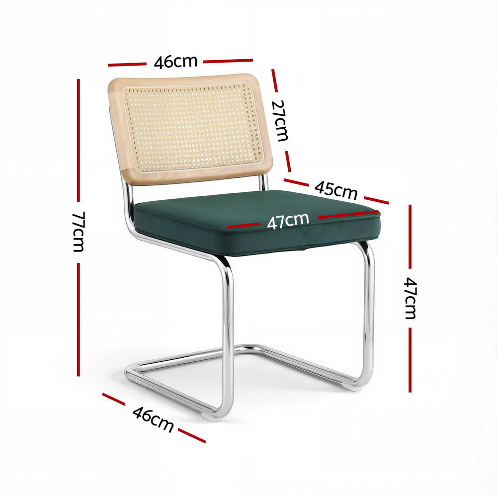 Dining Chairs Set of 2 Velvet Rattan Cantilever Green
